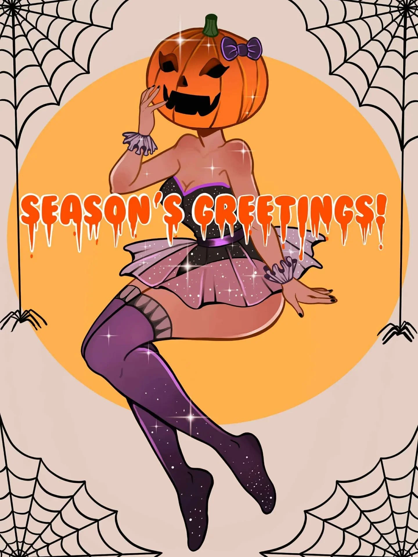 A season's greetings to you all! It's that time of year again and that means new merch and new art! I hope the Autumn months find you well! 🥰🎃

#spookyart #pumpkingirl
#digitalart #pinupart #characterartist