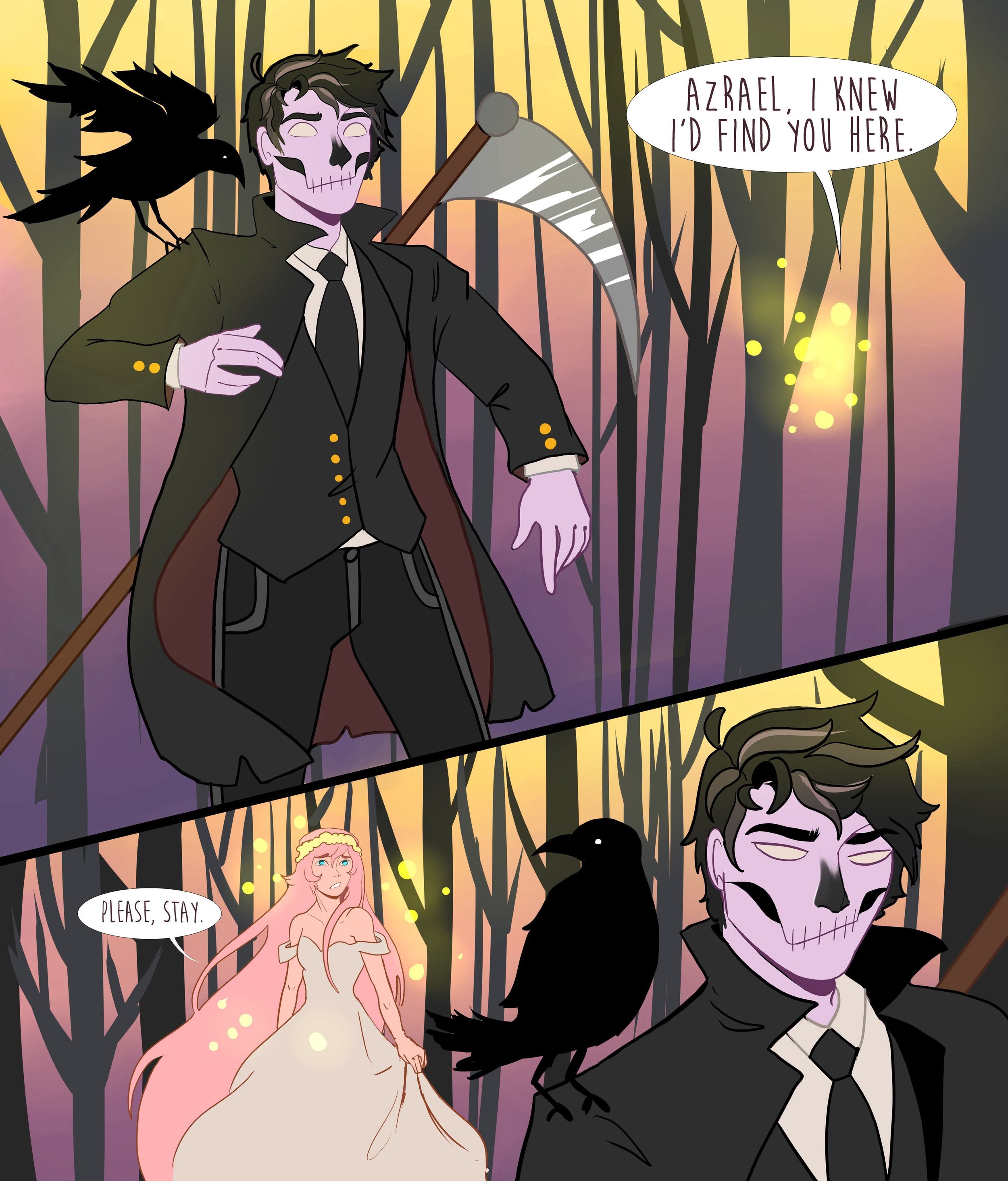 A cartoon scene in a dark forest with a sunset background. In the top panel, a skeleton-man in a suit and trench coat stands with a scythe and a crow on his shoulder, saying, "Azrael, I knew I'd find you here." In the bottom panel, a princess with lo