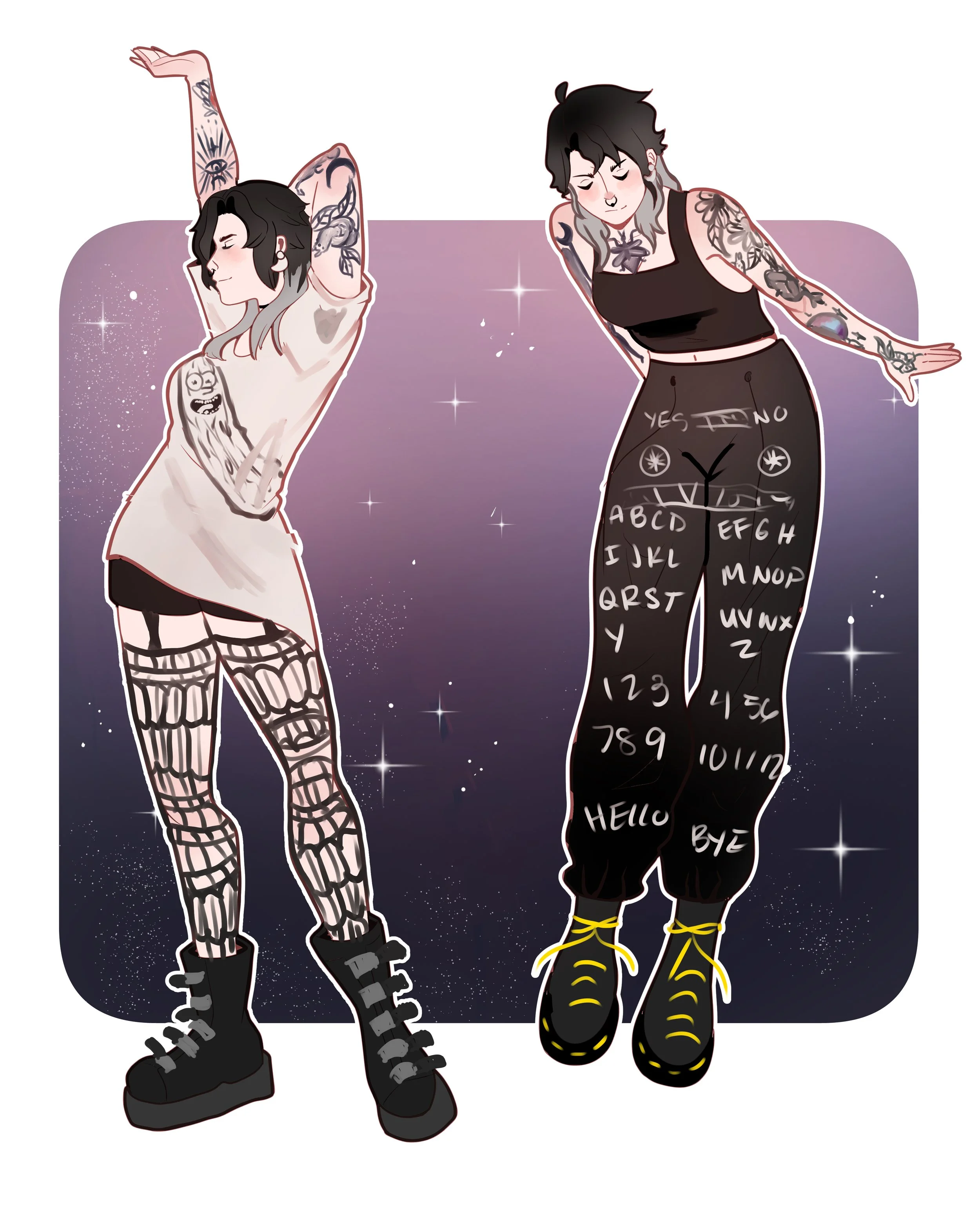 Two animated women with tattoos and alternative fashion pose against a starry purple background. One woman has short dark hair with gray tips, wearing a oversized T-shirt, patterned tights, and boots, with arms raised and eyes closed. The other woman