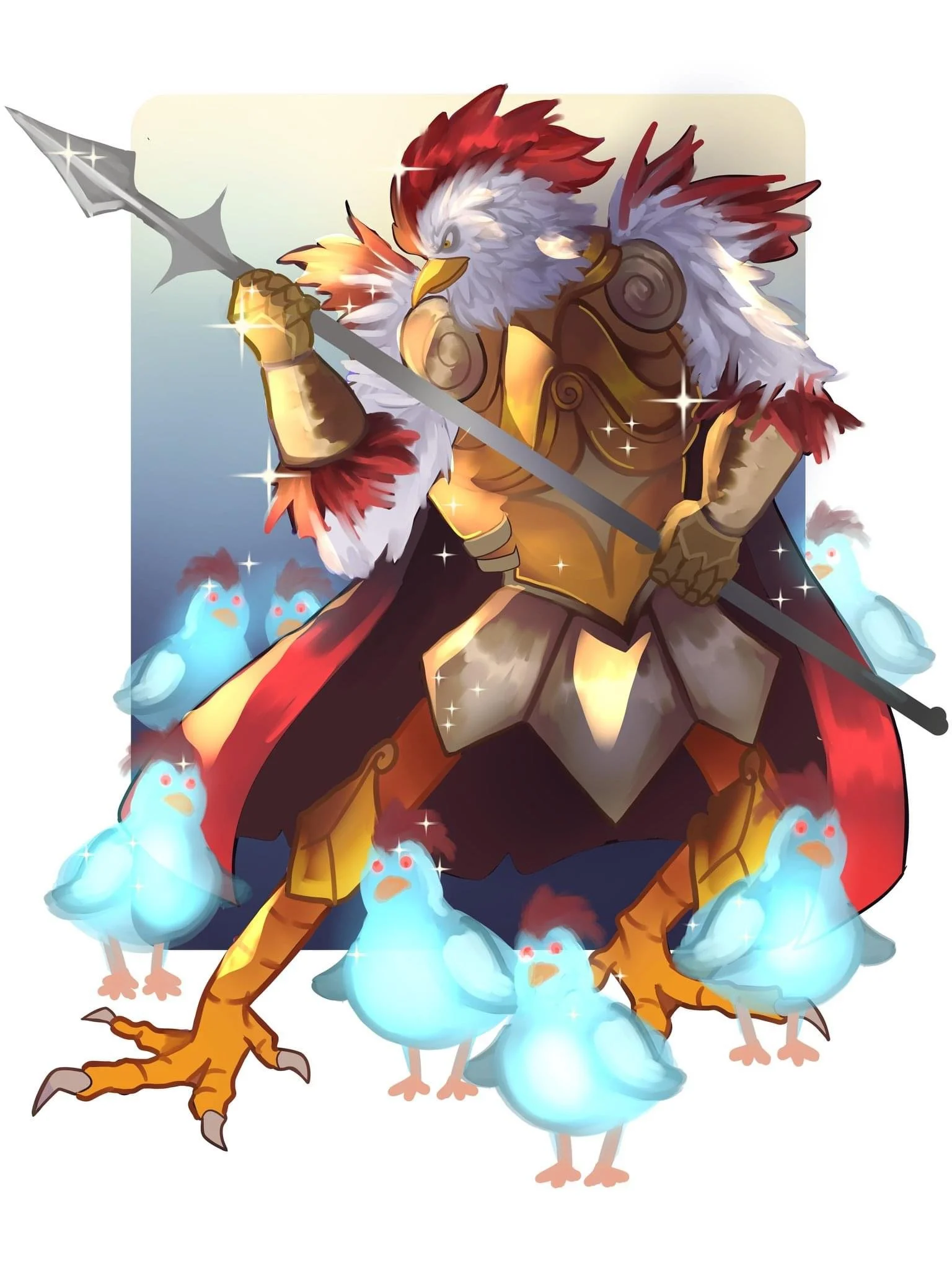 A fantasy illustration of a majestic bird warrior with a lion’s mane, holding a spear, surrounded by glowing blue chicks.