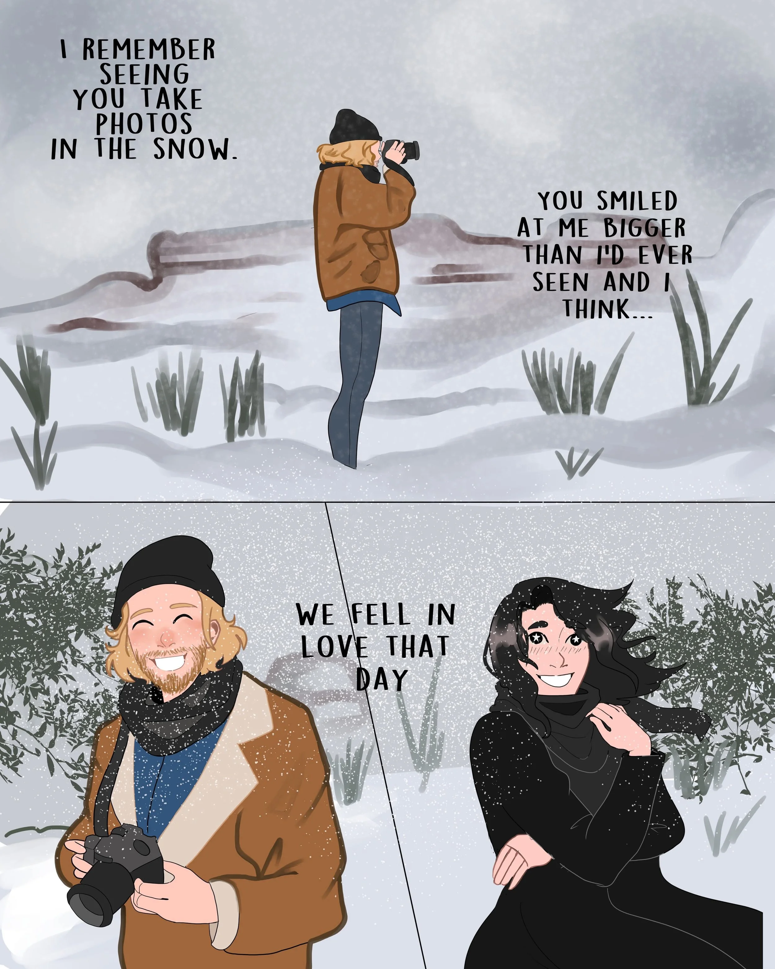 A comic-style illustration of a couple in a snowy landscape. The top panel shows a woman with blonde hair in a beanie, taking photos with a camera. She reflects on seeing the man take photos in the snow and how she smiled at him. The bottom panel sho