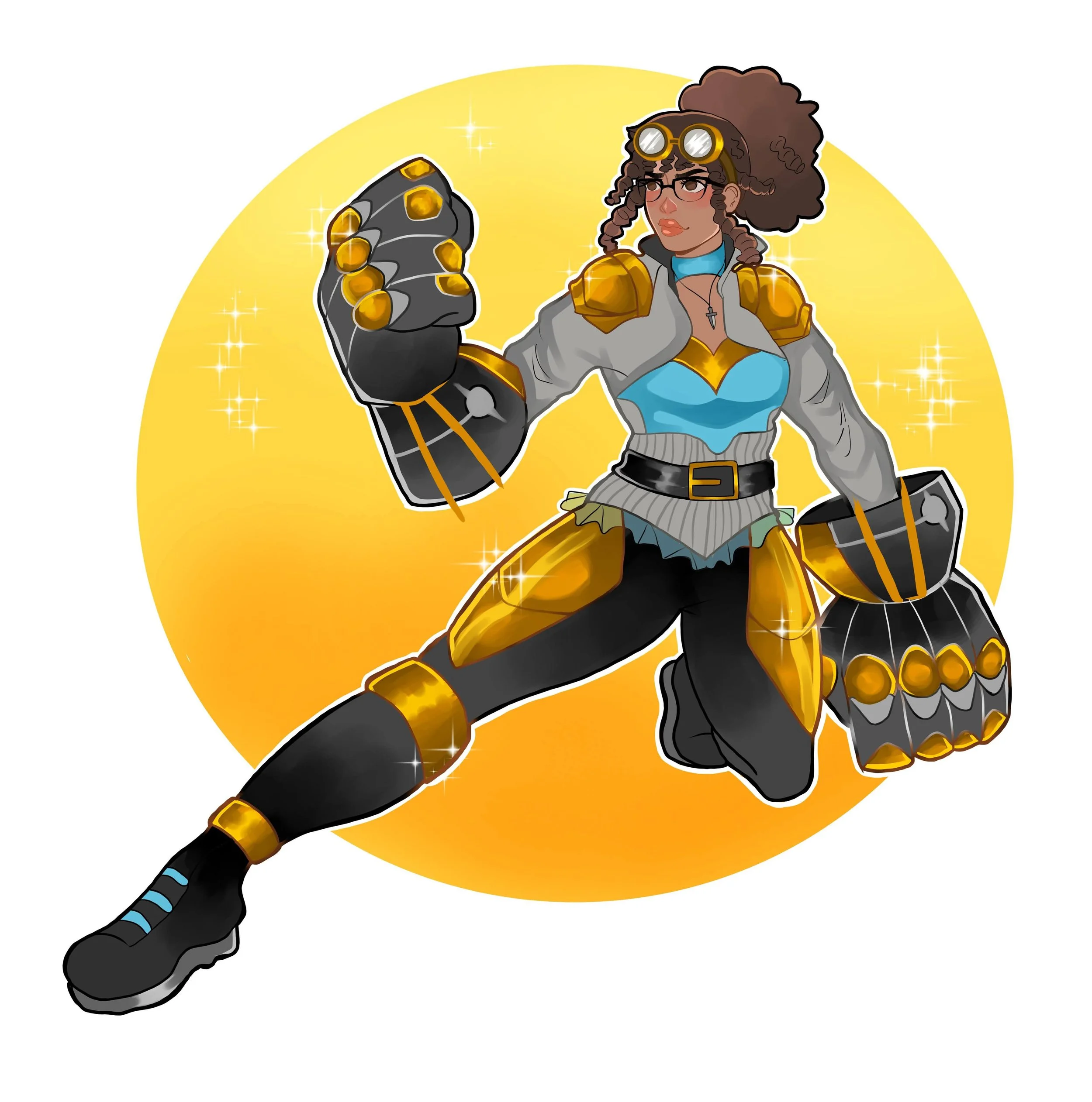 A female character with curly hair wearing goggles, a gray jacket with gold armor accents, a blue top, black pants, and large gauntlets in a kneeling fighting stance with a yellow glow background.