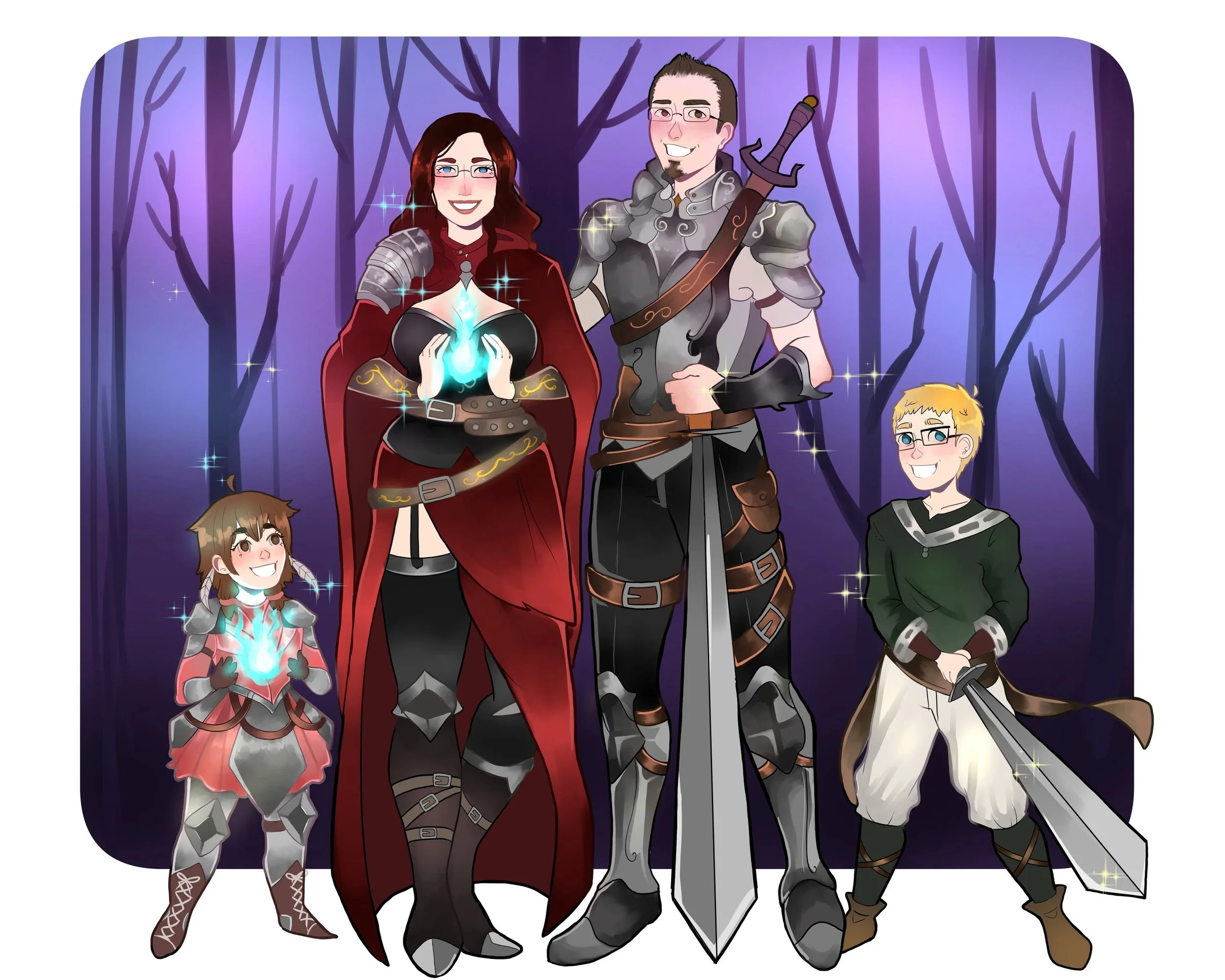 A fantasy-style family portrait of five characters in armor and magical attire, standing in a purple forest background. The woman in the center is holding a glowing blue flame, and the children are also holding glowing blue mystical objects. They are
