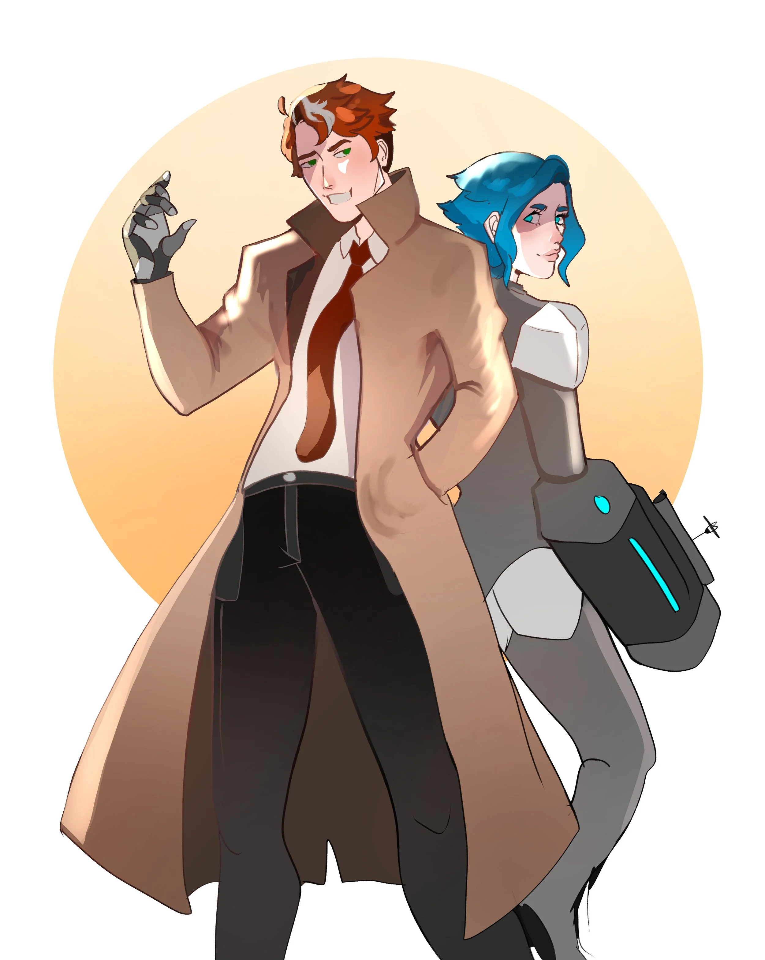 An animated man in a long beige coat and a woman with blue hair in futuristic attire standing back-to-back with a warm, yellow-orange background.