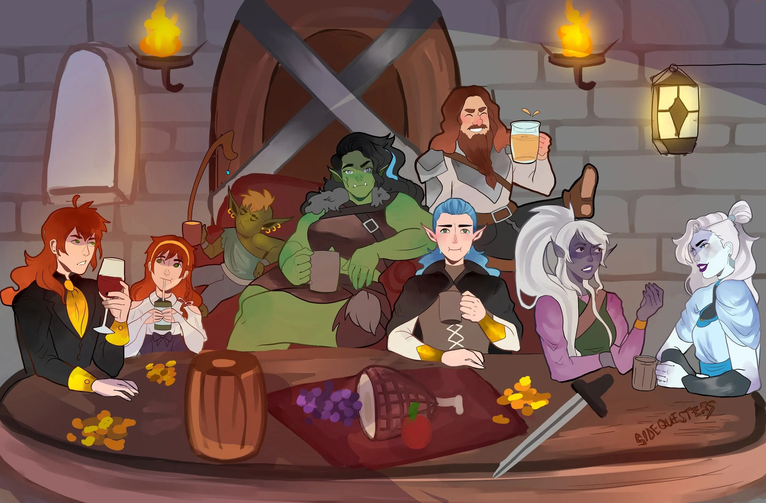 A fantasy tavern scene with a diverse group of characters, including a green orc, blue elf, white elf, a human with long hair, a dark elf, and a dwarf, all sitting around a table with drinks and gold coins. The background shows stone walls, torches, 