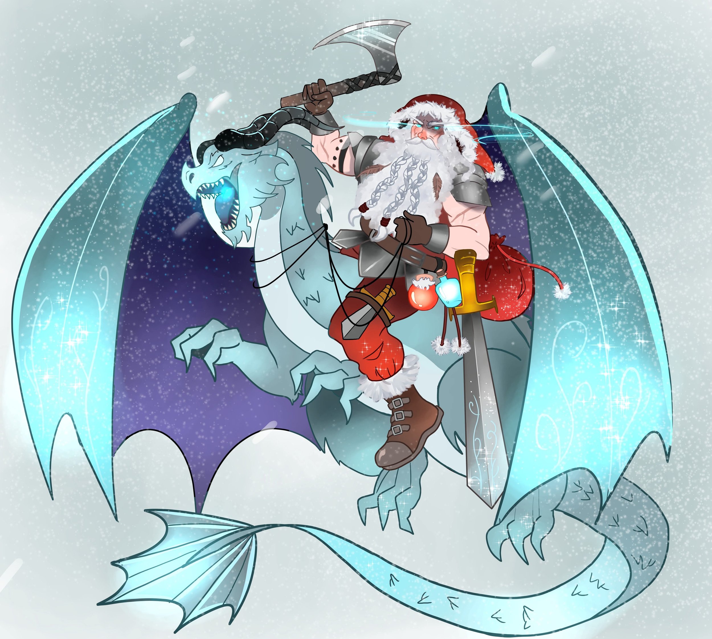 Santa Claus dressed in armor riding a large, blue-dragon with icy wings in a snowy scene.