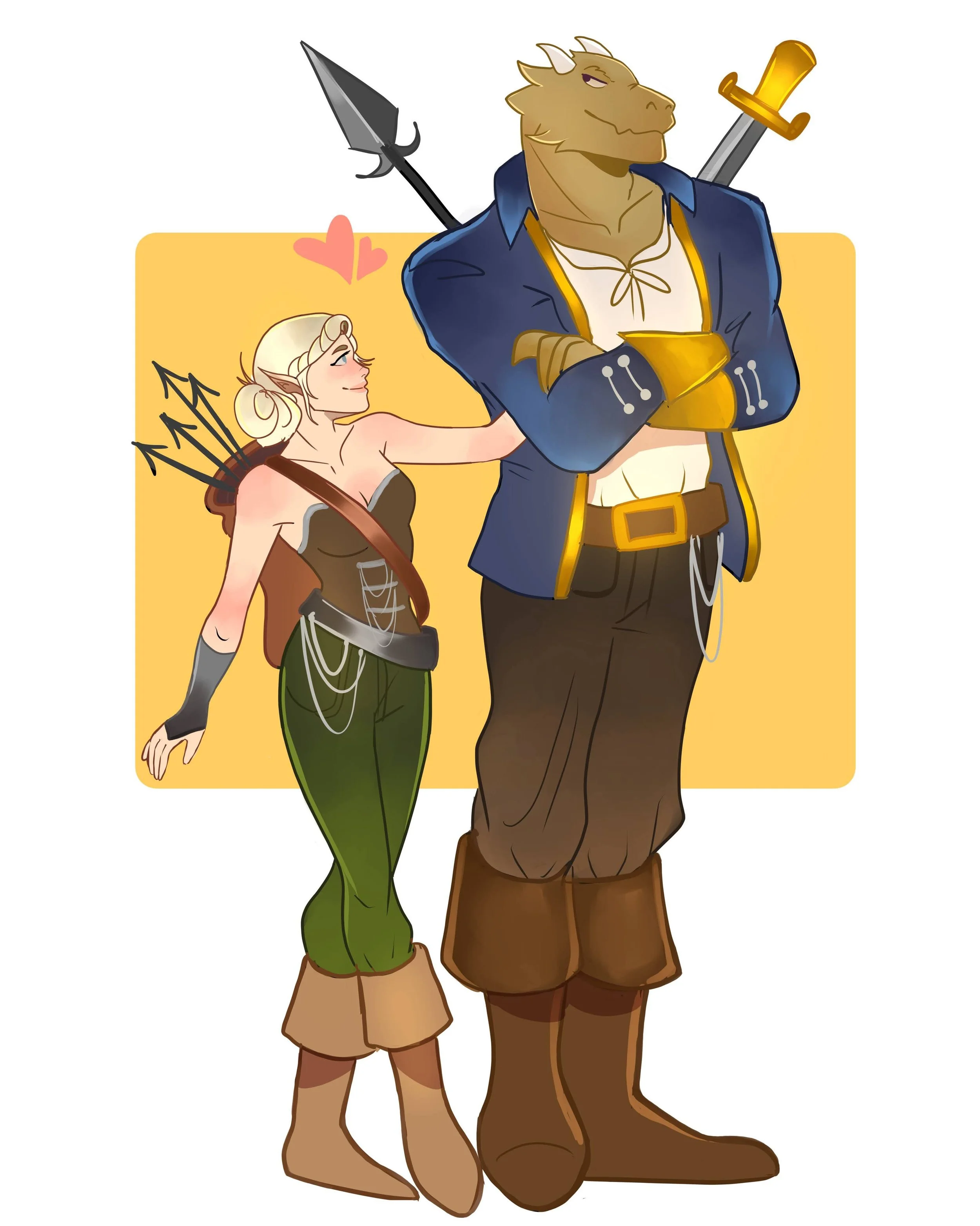 A fantasy-style illustration of a female elf archer with blonde hair, a brown and green outfit, and arrows on her back, smiling and looking at a large male ogre warrior with a confident expression, crossing his arms, wearing a blue coat and brown pan