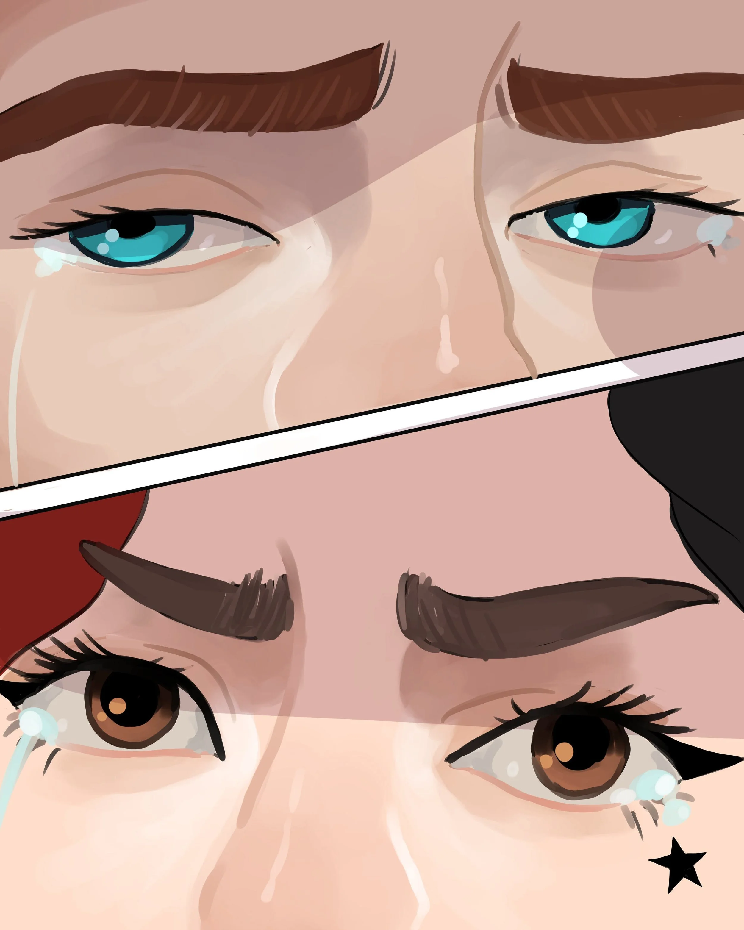 Close-up of two pairs of illustrated eyes, one with blue irises and the other with brown irises, both crying with tears falling and tears on the cheeks.