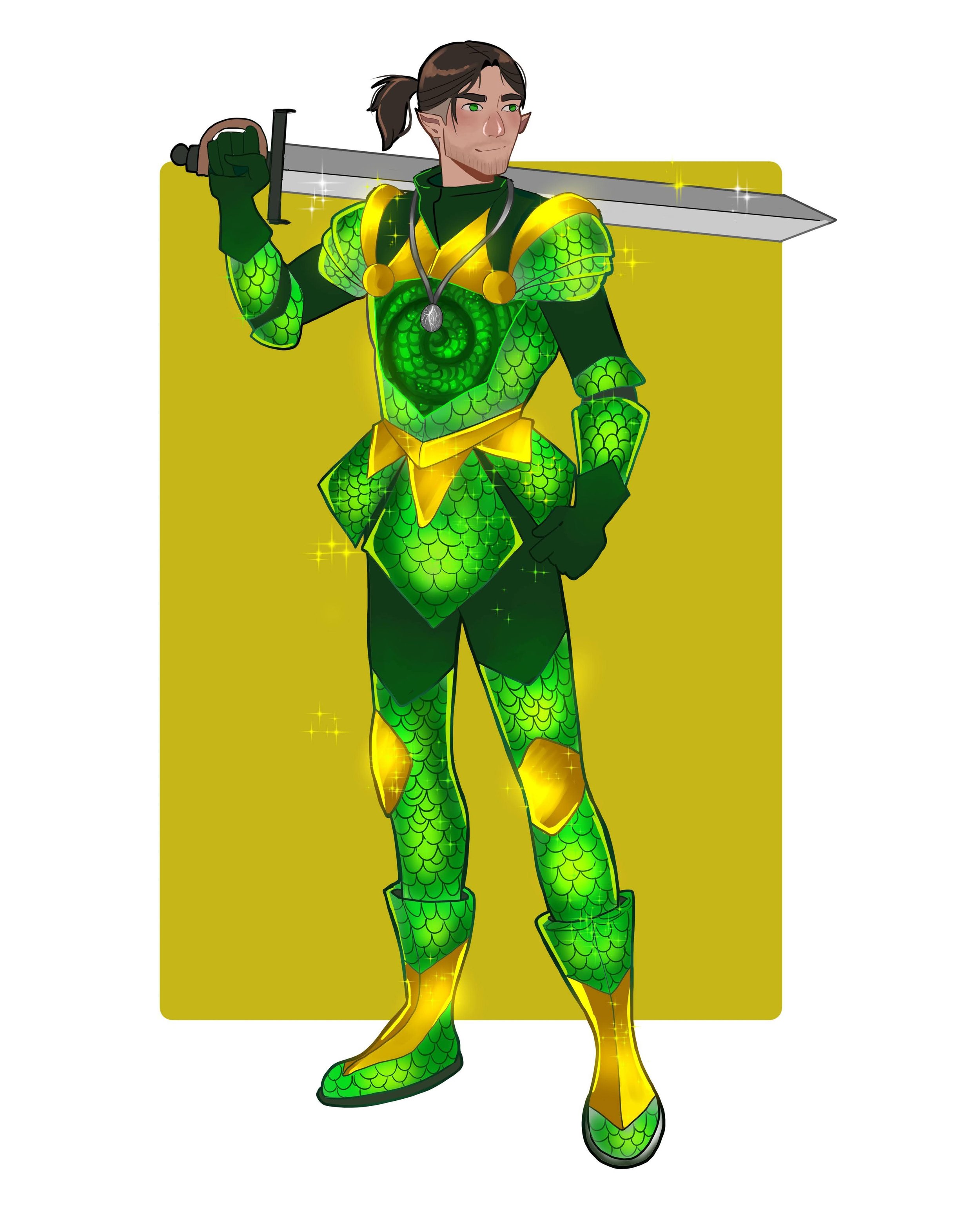 A digitally illustrated fantasy character with a human face, dressed as a knight in shiny green and gold armor with scales, holding a sword over his shoulder.