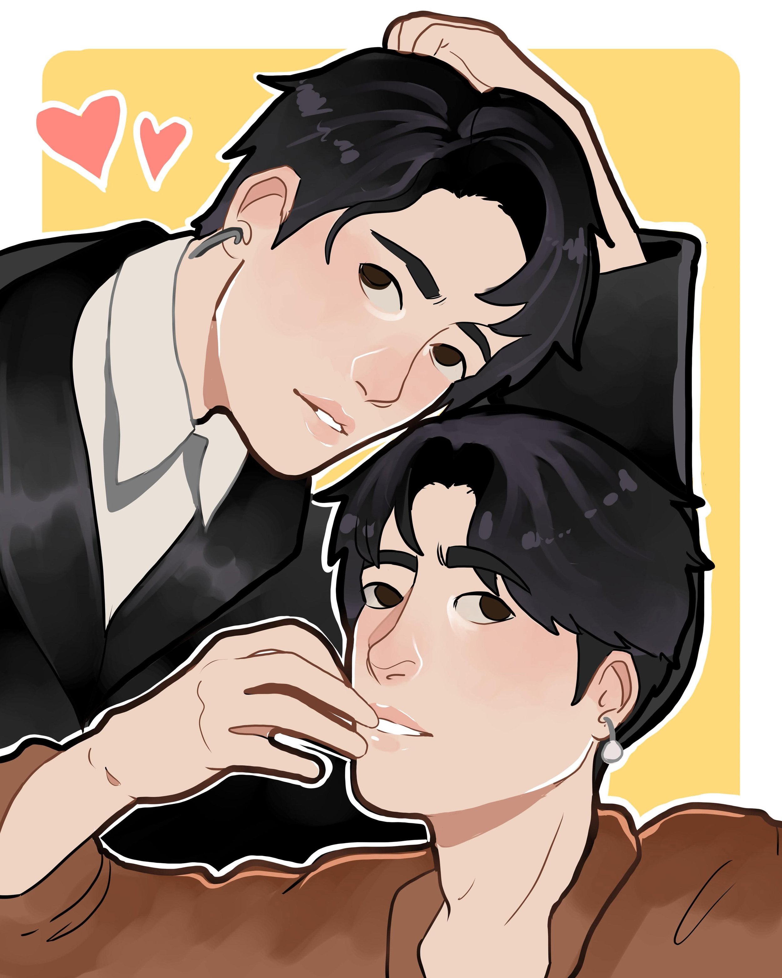 Illustration of two young men with black hair, one wearing a white shirt and black jacket and the other in a brown shirt, gazing at each other closely with gentle expressions, surrounded by pink hearts, against a yellow background.