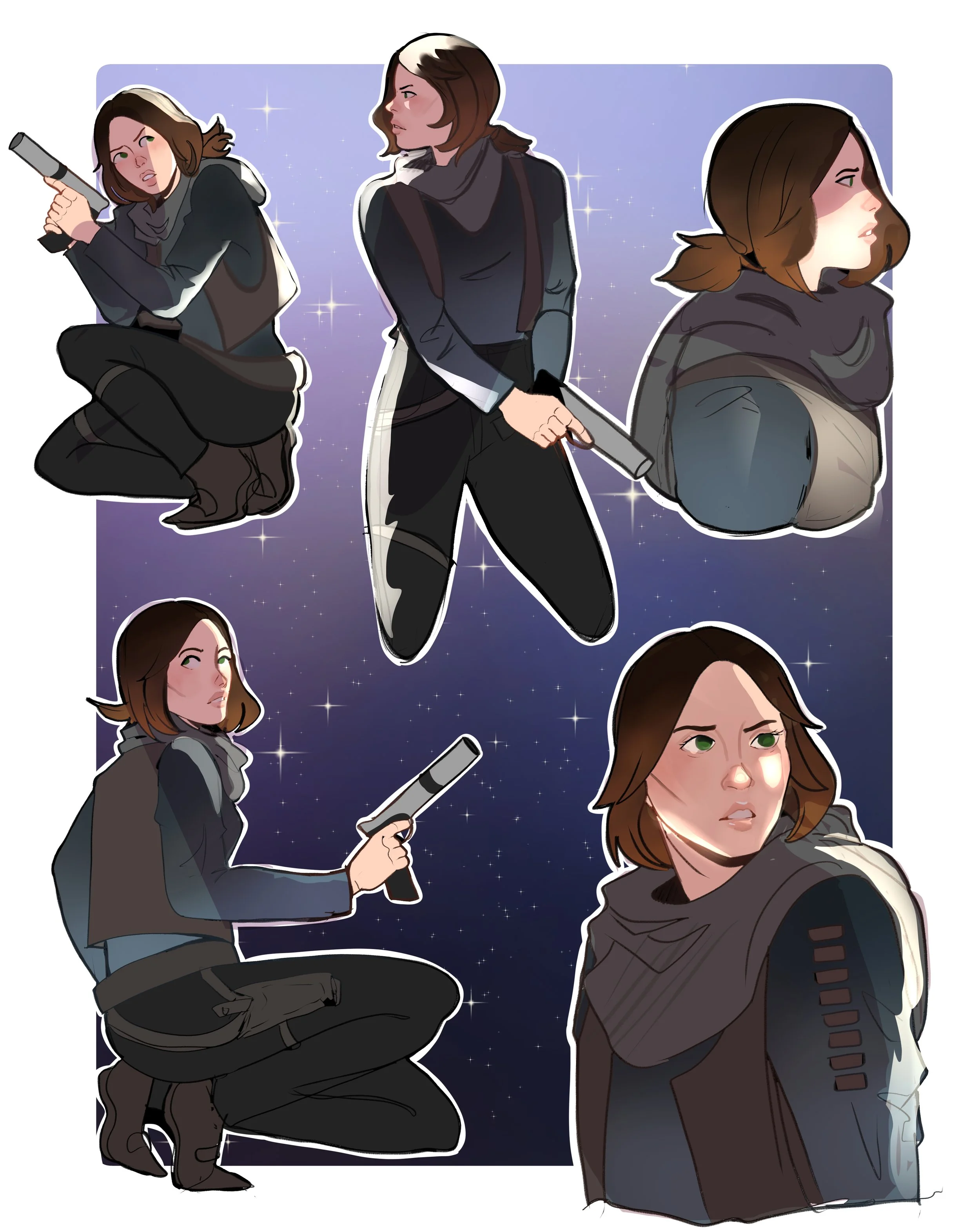 Digital illustration of a woman with brown hair in various action poses holding a gun, set against a starry purple background, featuring kneeling, crouching, standing, and turning head positions.