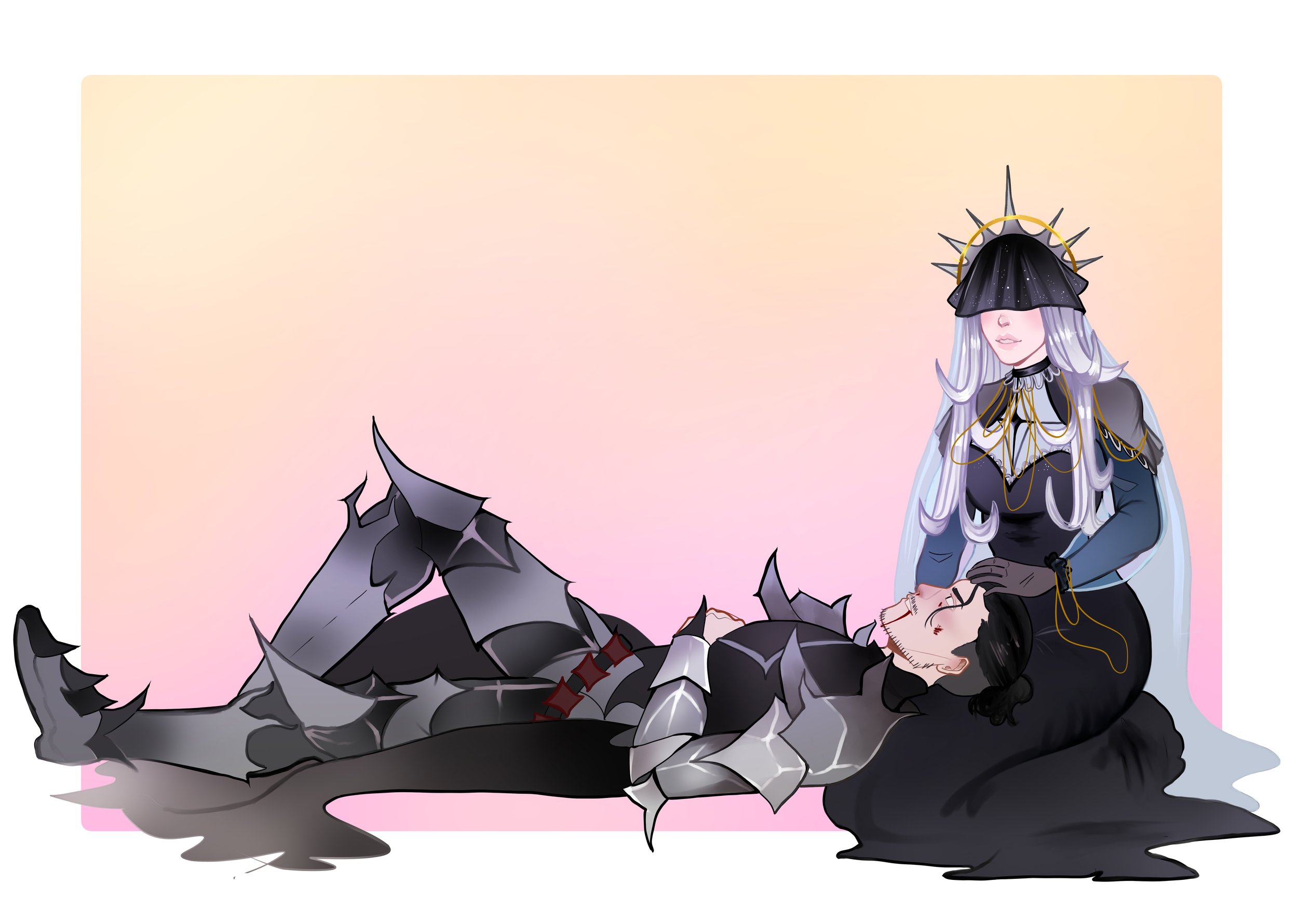 A fantasy illustration of a woman with long white hair wearing a black and silver outfit with a spiked crown, kneeling with her hand on the chest of a person dressed in black armor lying on the ground. The armored individual has dark hair and a beard
