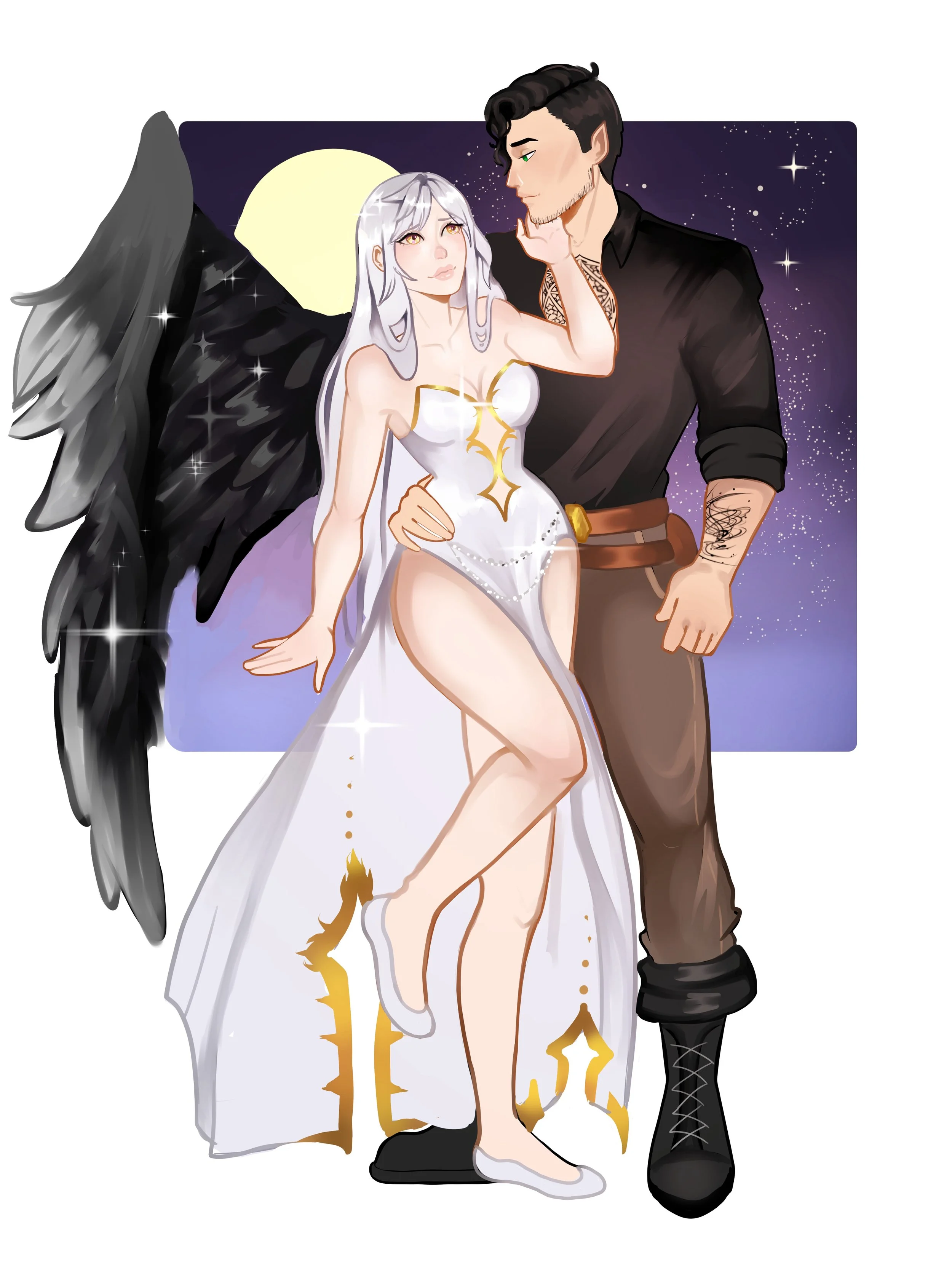 Digital illustration of a fantasy scene featuring a female angel with white hair, black wings, and a white dress standing beside a male human with black hair, dressed in black, against a starry night sky with a full moon.
