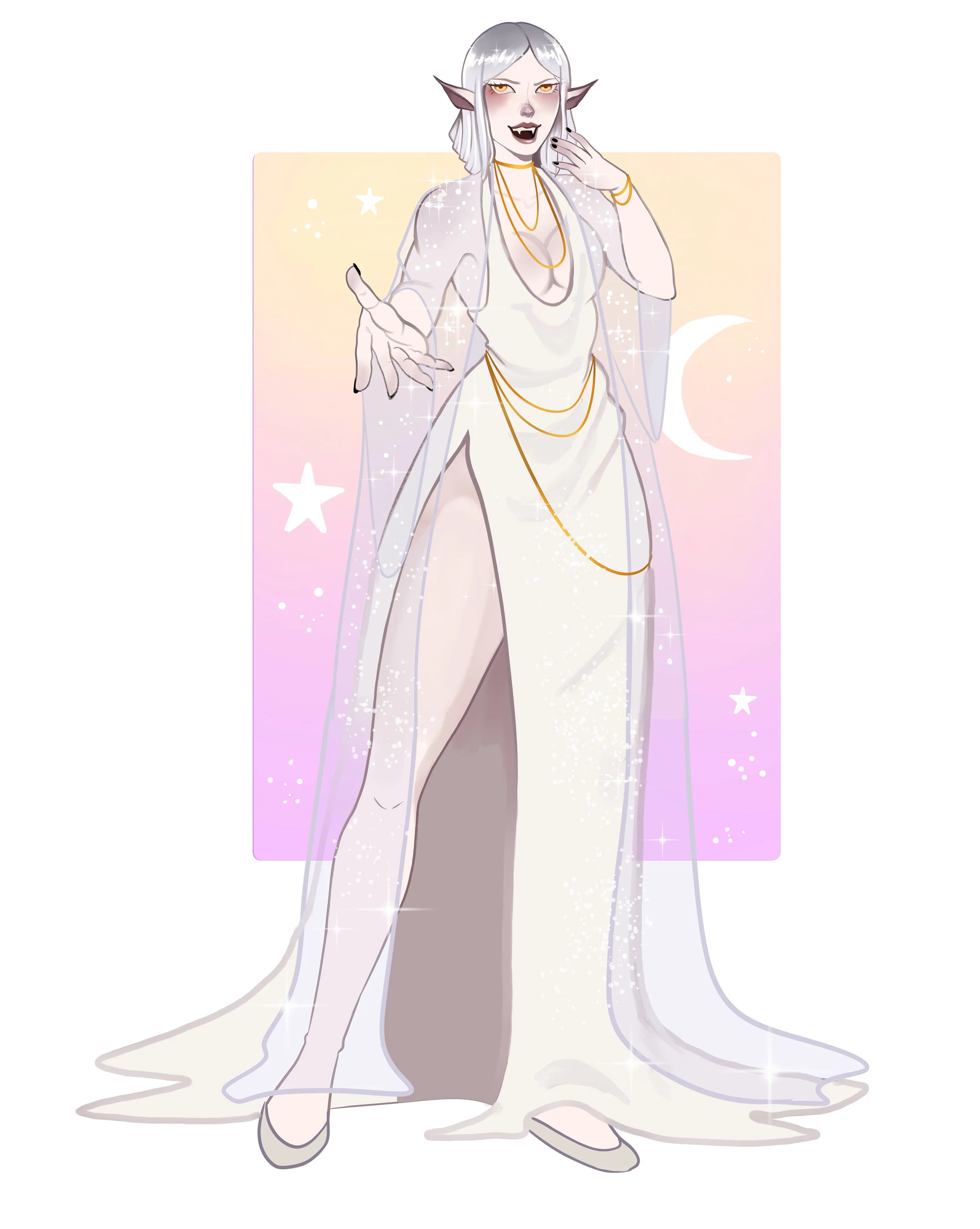 A fantasy illustration of an elf woman with gray hair, pointed ears, and pale skin, dressed in a white gown with a thigh-high slit, adorned with gold jewelry, and a sheer cape decorated with stars and sparkles, standing against a pastel-colored backg