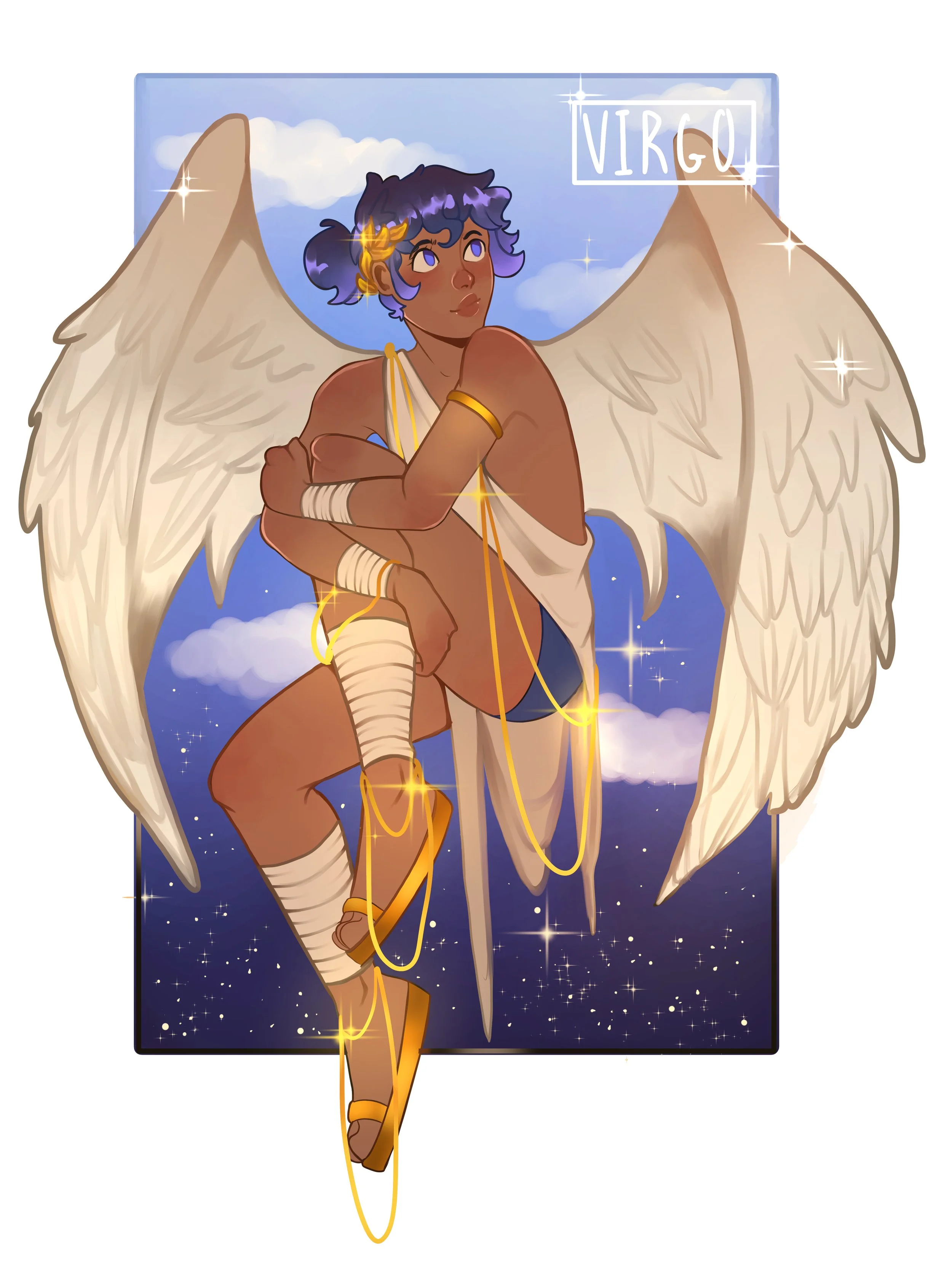 Digital illustration of an angelic figure representing Virgo, with large wings, golden jewelry, and a white cloth, set against a starry night sky background with clouds. The word 'VIRGO' is displayed in the top right corner.