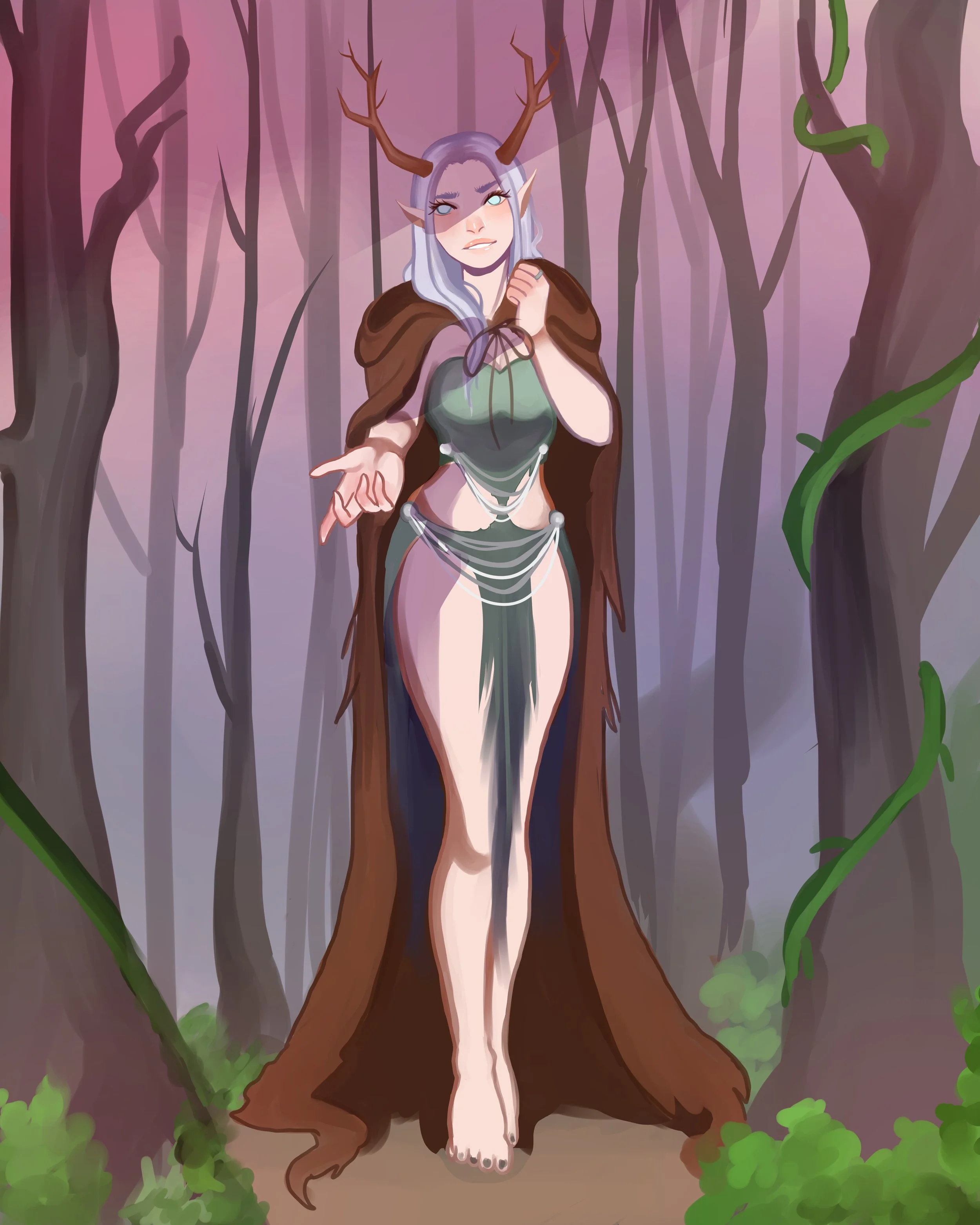 A fantasy illustration of a female elf with light purple hair, pointed ears, and antler headband, standing in a misty forest with purple and pink hues. She wears a revealing green and silver outfit with a brown cloak, and gestures with her hand as if