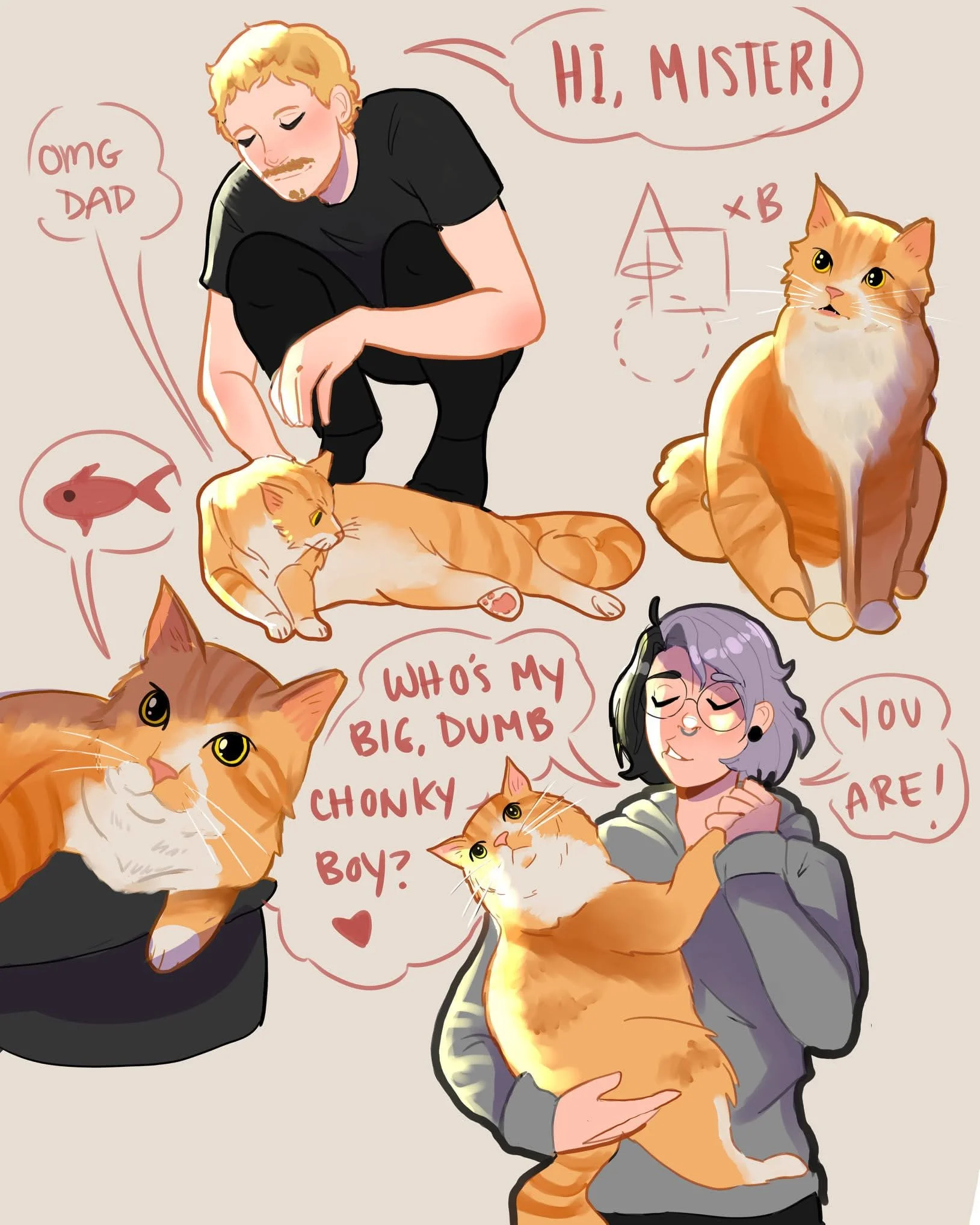 Illustration of two people with four orange tabby cats, surrounded by speech bubbles saying 'Hi, Mister!', 'OMG Dad', 'Who's my big, dumb chonky boy?', and 'You are!'. The scene is playful and affectionate.