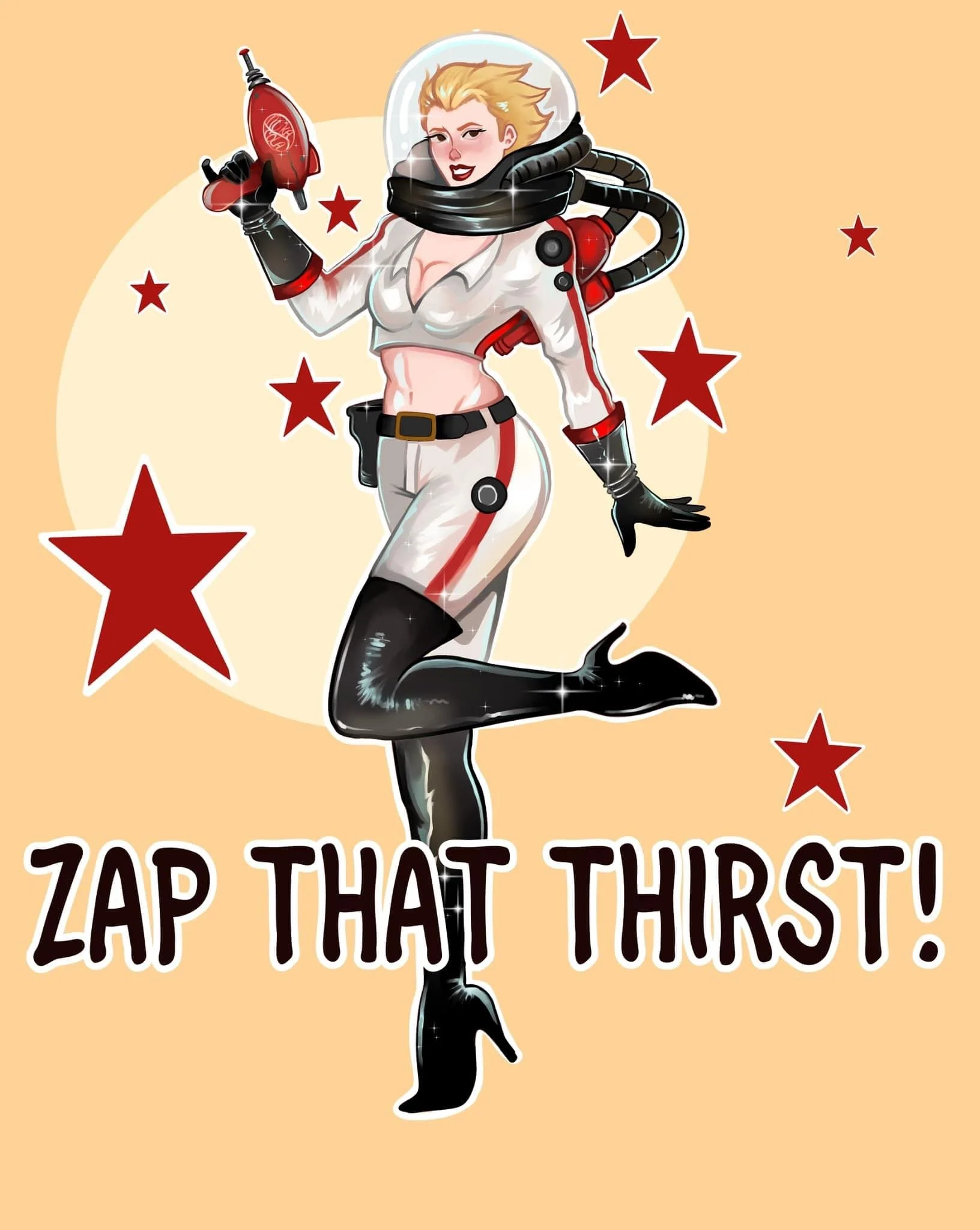 A woman dressed in a sexy astronaut costume holding a red water gun, standing with one leg raised, surrounded by red stars, with the text "Zap That Thirst!" at the bottom.