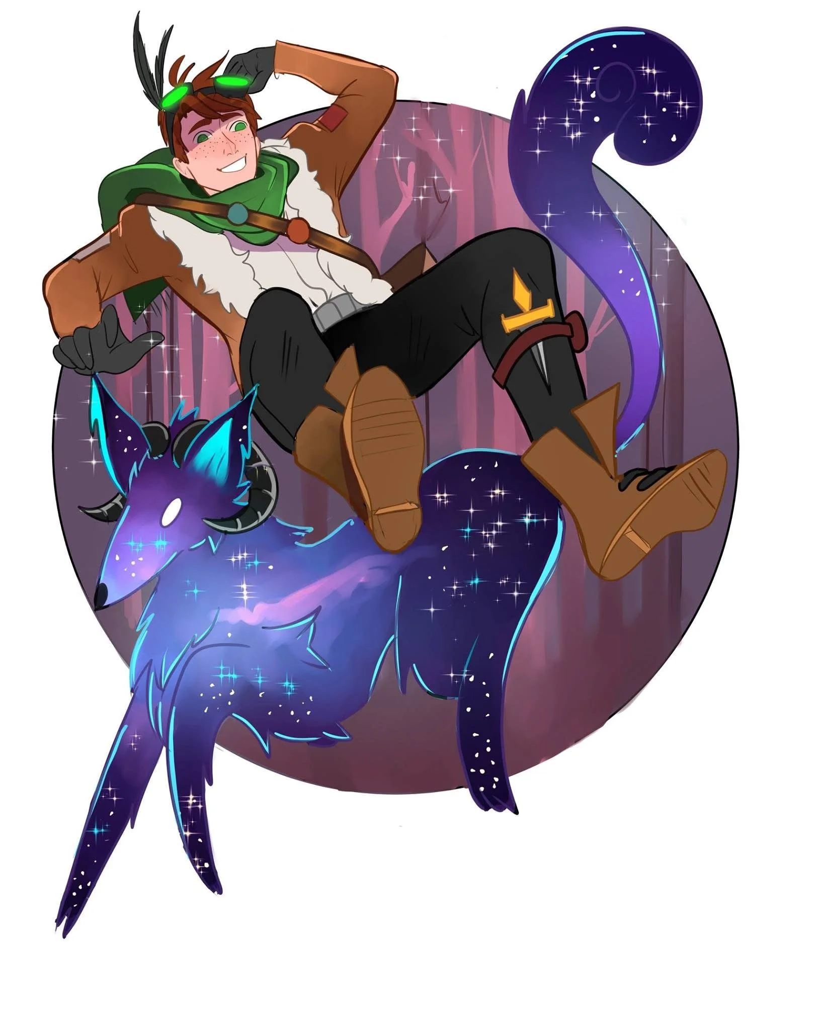 A person relaxing on a nebula-themed, glowing, blue and purple fox with starry details, set against a pink and purple background with trees.
