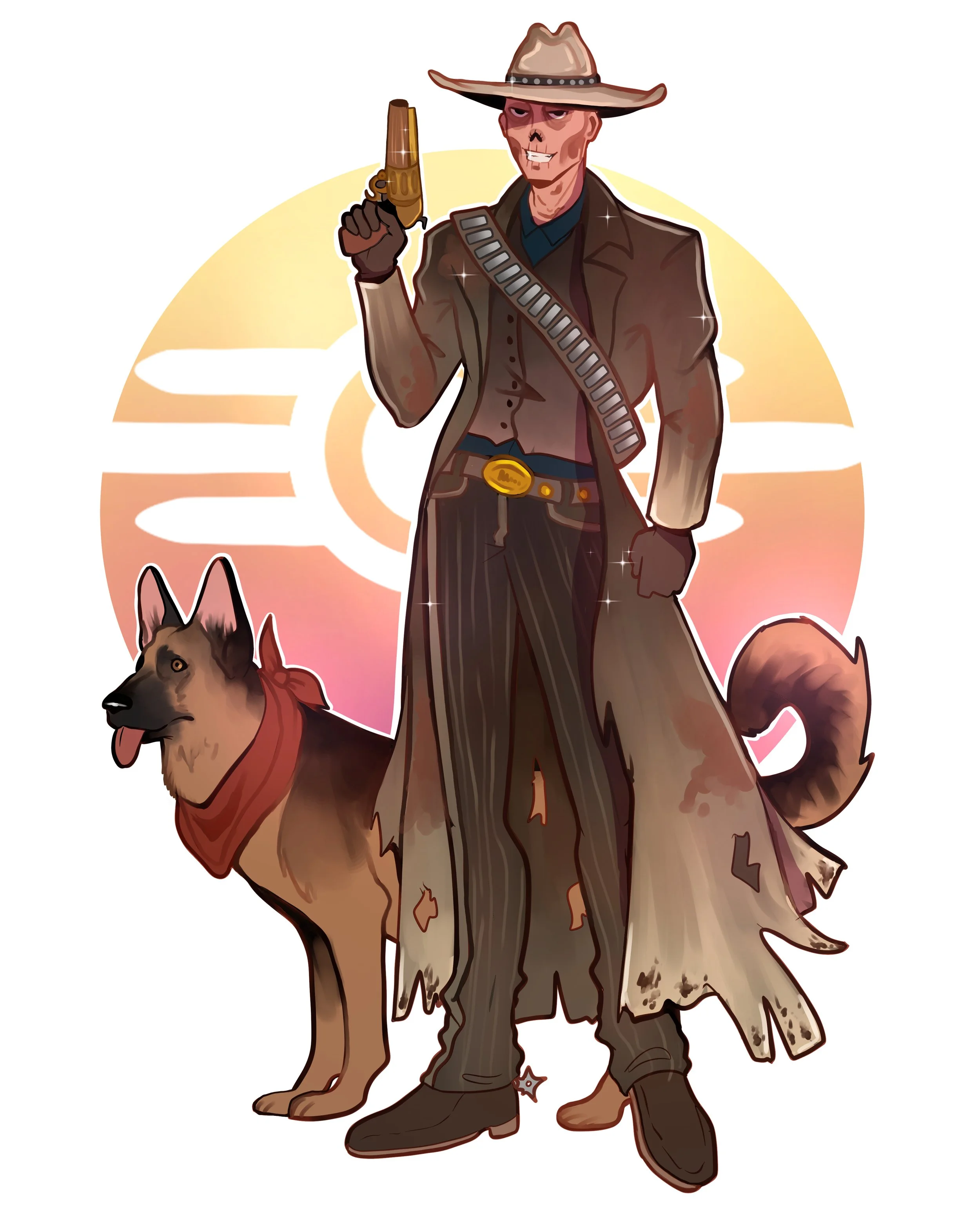 A cartoon of a cowboy with a cattle skull face, wearing a wide-brimmed hat, brown jacket, striped pants, and holding a gun, standing next to a dog with a red bandana, against a sunset background.