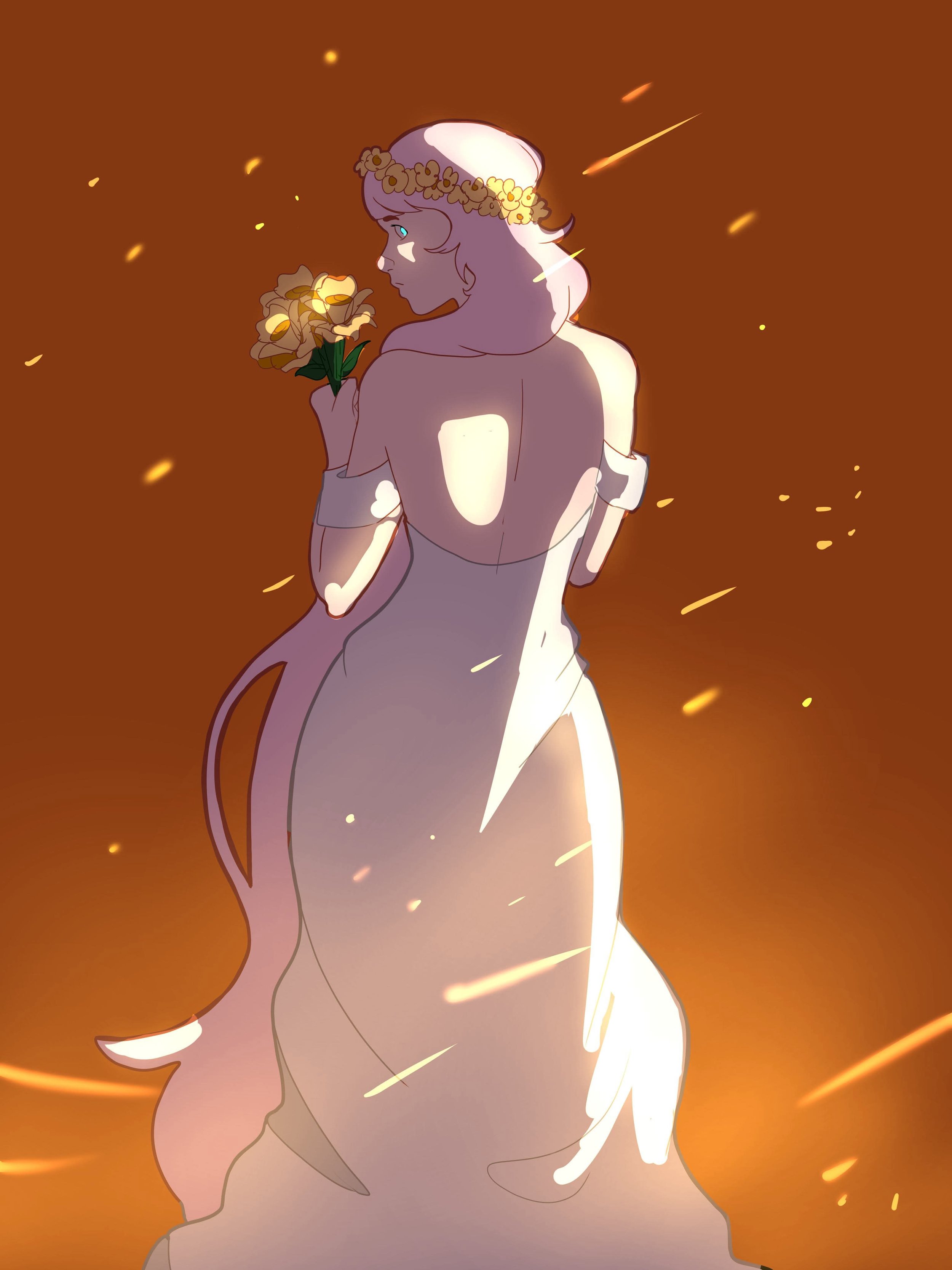 An illustration of a woman in a white dress with small white flowers in her hair, holding a yellow rose, against a warm, fiery background with sparks and glowing particles.