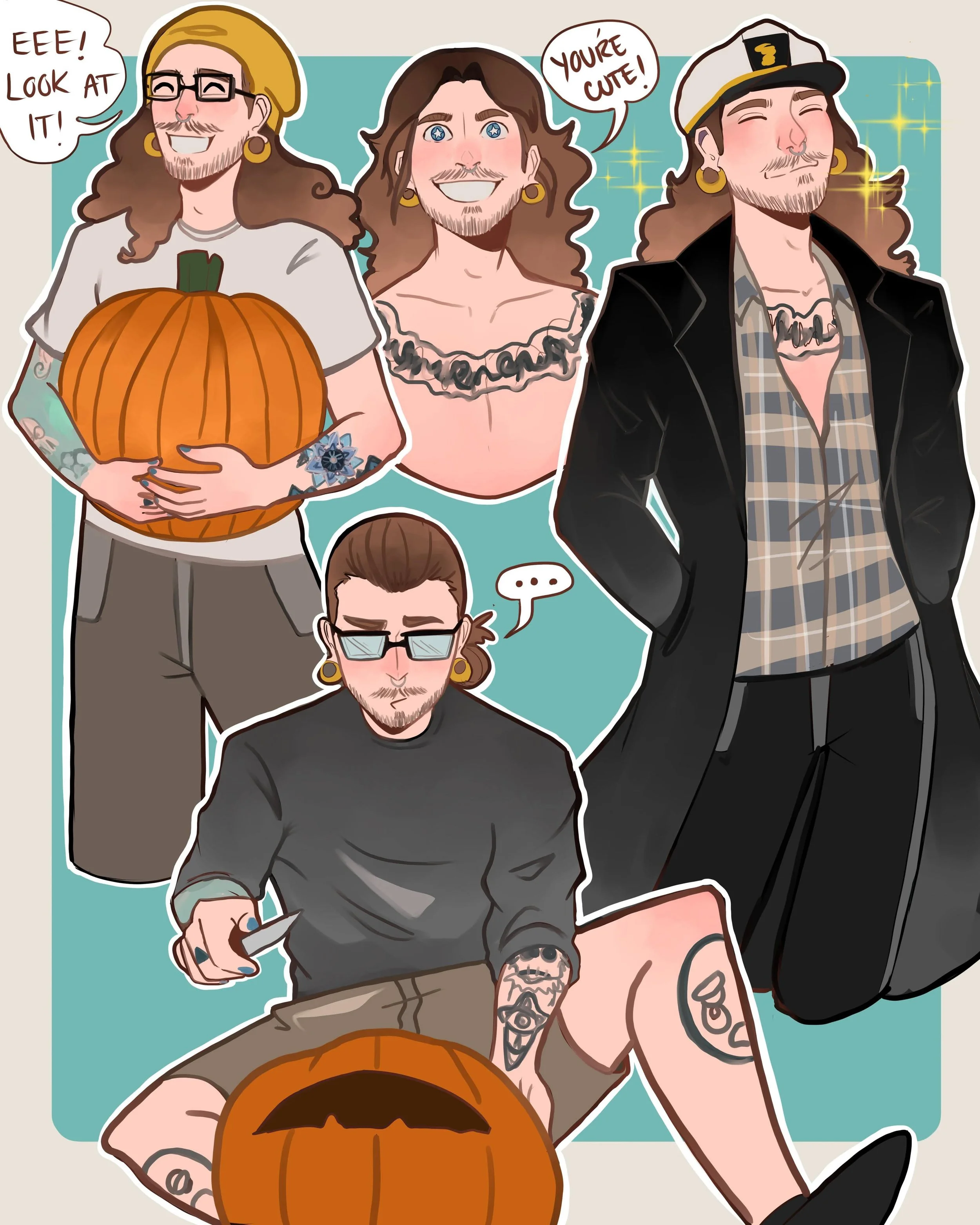 A digital illustration of four characters celebrating Halloween, with one holding a pumpkin, some making playful gestures, and others smiling. The characters have tattoos, piercings, and are dressed in casual and costumes style.