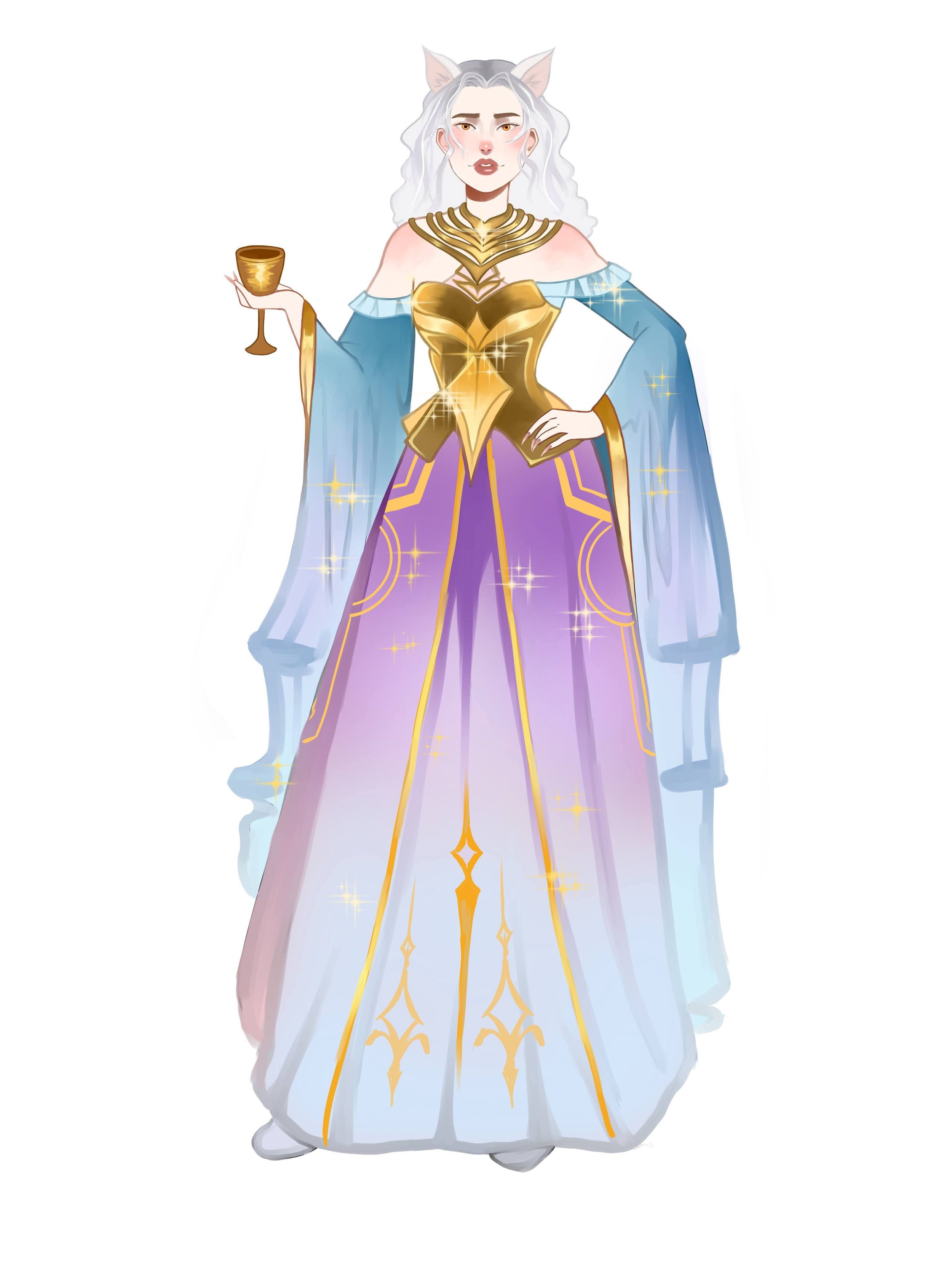 Fantasy character with white hair, cat ears, and a glamorous gown holding a golden goblet.