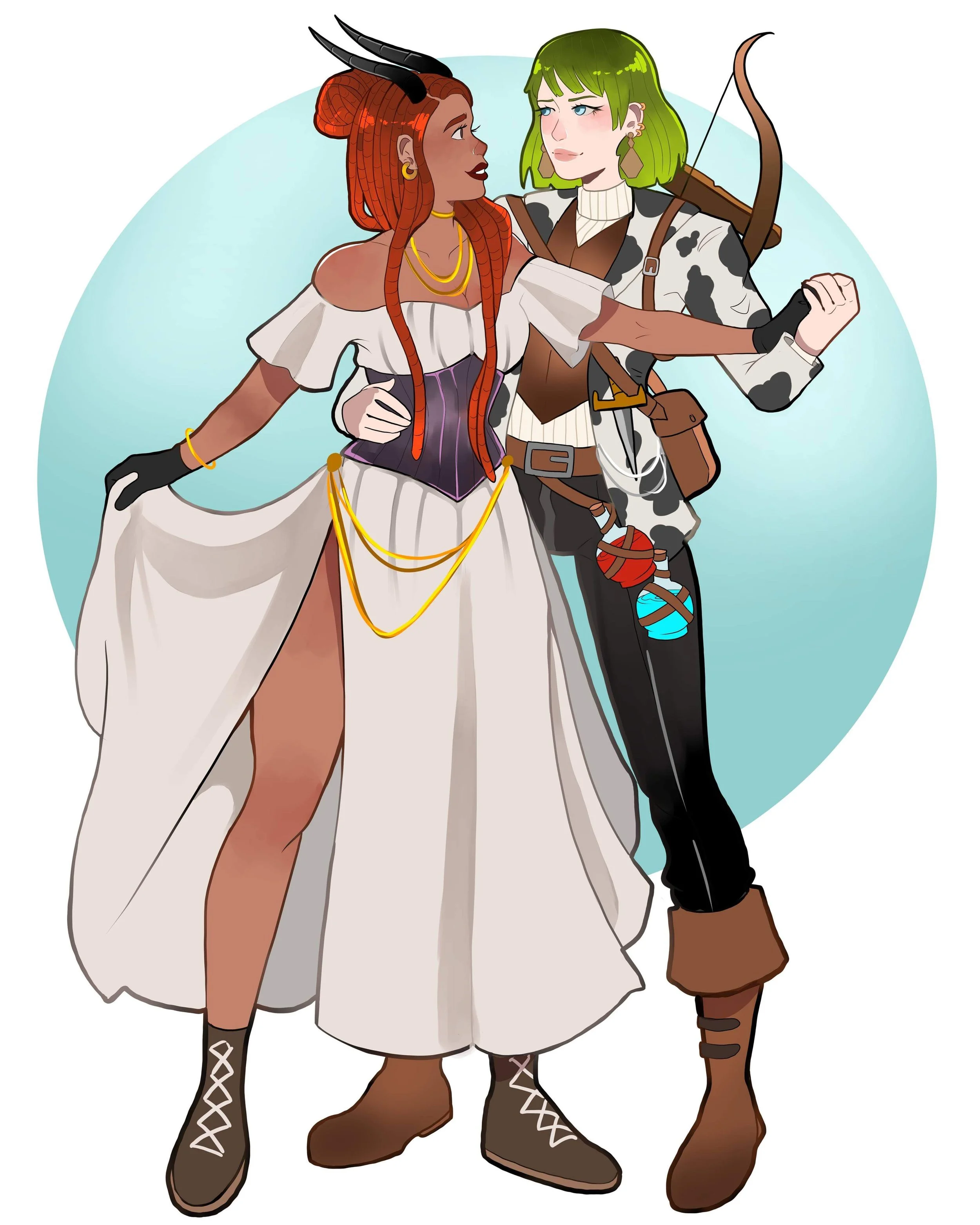 Two women dressed as fantasy characters, one with red hair, horns, and a white dress with a slit, and the other with green hair and a cowboy-inspired outfit, standing arm in arm.