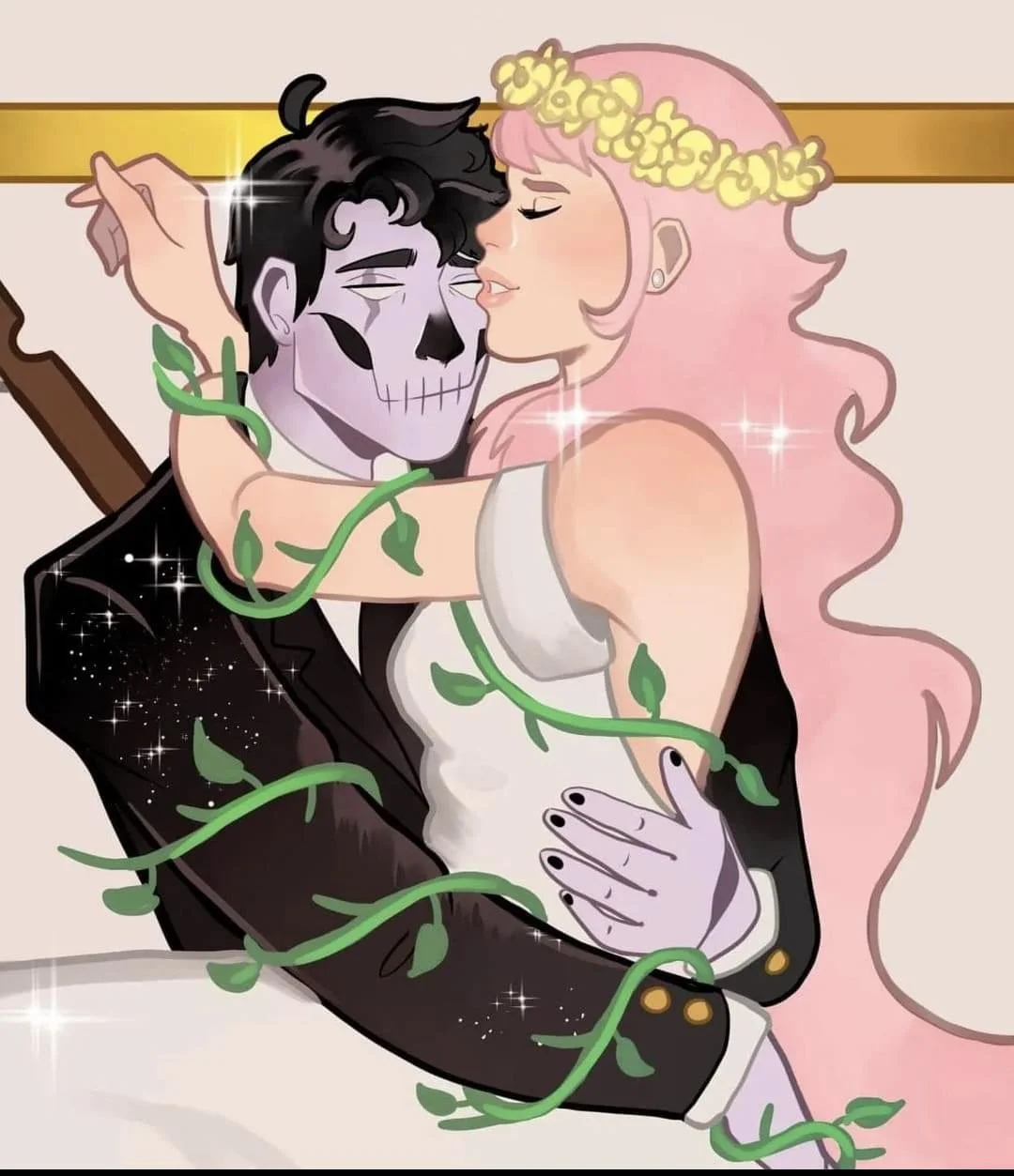 Cartoon of a skeleton wearing a suit being embraced and kissed by a woman with pink hair and a flower crown, with green vines wrapping around them.