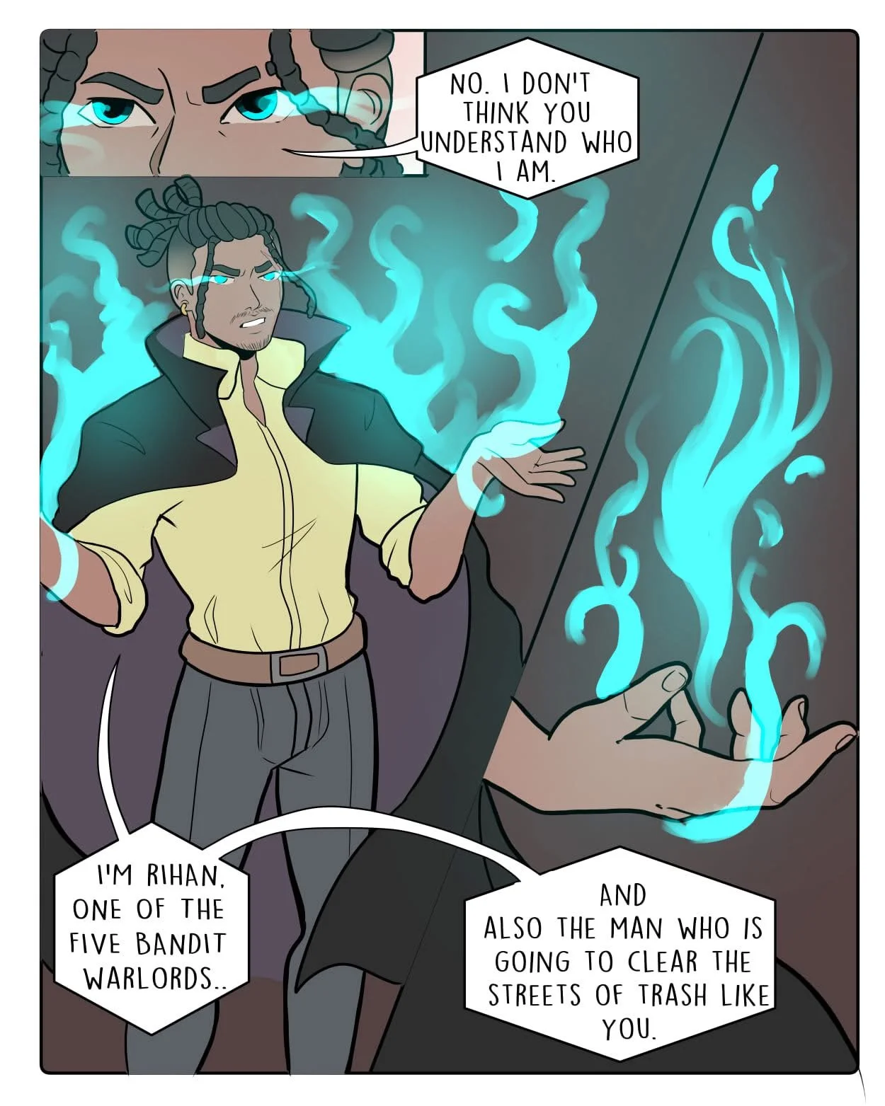 Comic book character Rihan with glowing blue energy around hands, speaking confidently, with speech bubbles indicating he is a bandit warlord and street cleaner.