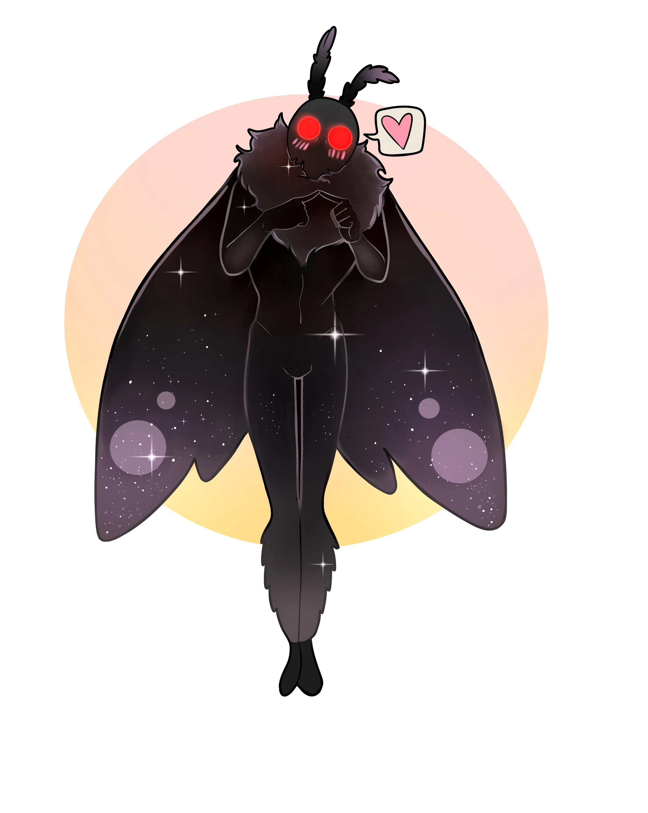 A cartoon character with a moth body, glowing red eyes, large dark wings with a starry galaxy pattern, and a humanoid upper body with a fluffy fur collar, holding its hands near its chest with a speech bubble containing a heart.