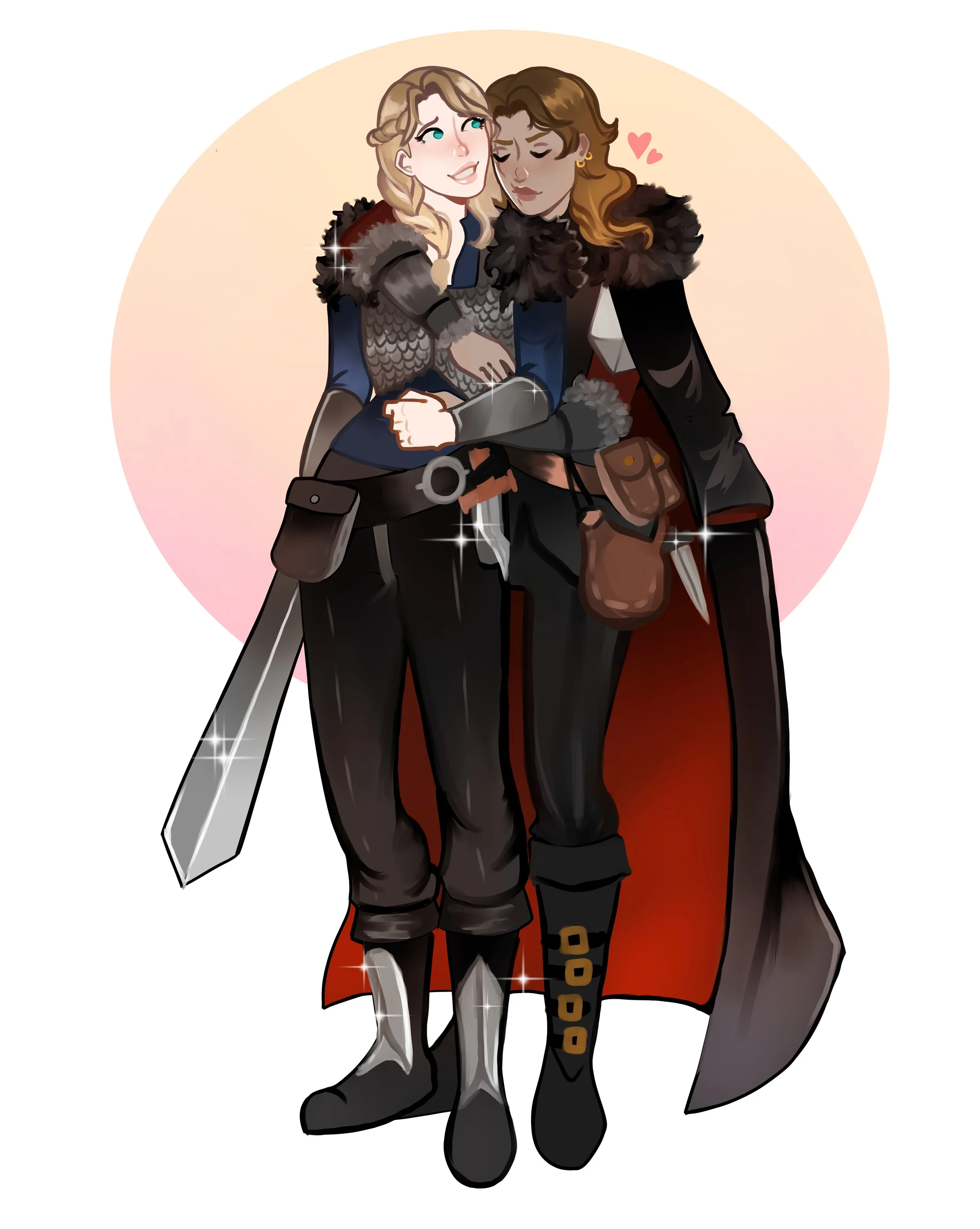 Two women dressed as fantasy warriors hugging, with one smiling and the other with eyes closed, in front of a peach-colored background.