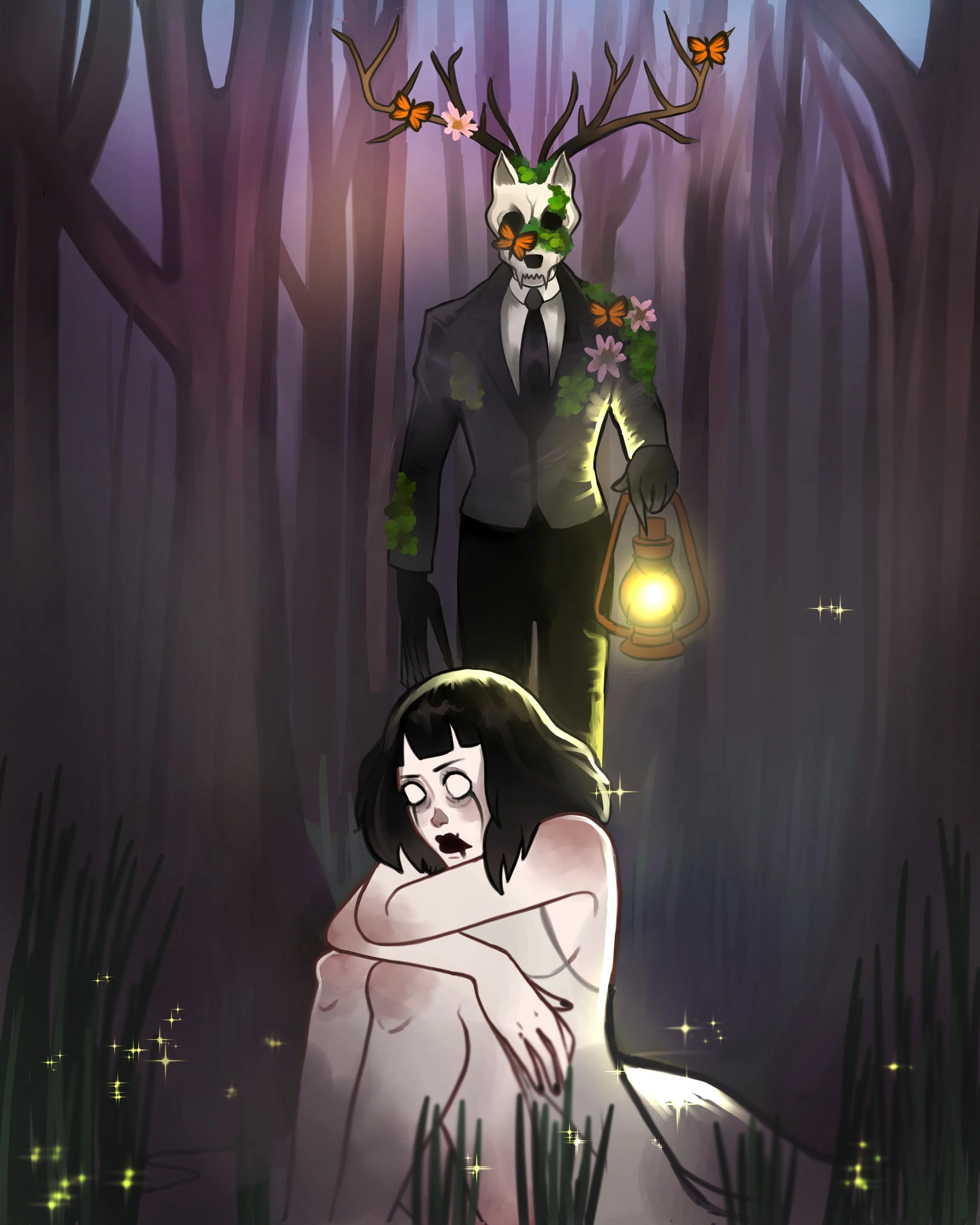 A woman with black hair and pale skin sitting alone in a dark forest, looking scared or distressed. Behind her, a figure with a deer skull mask, antlers decorated with flowers and butterflies, wearing a suit, holding a lantern, and emerging from the 