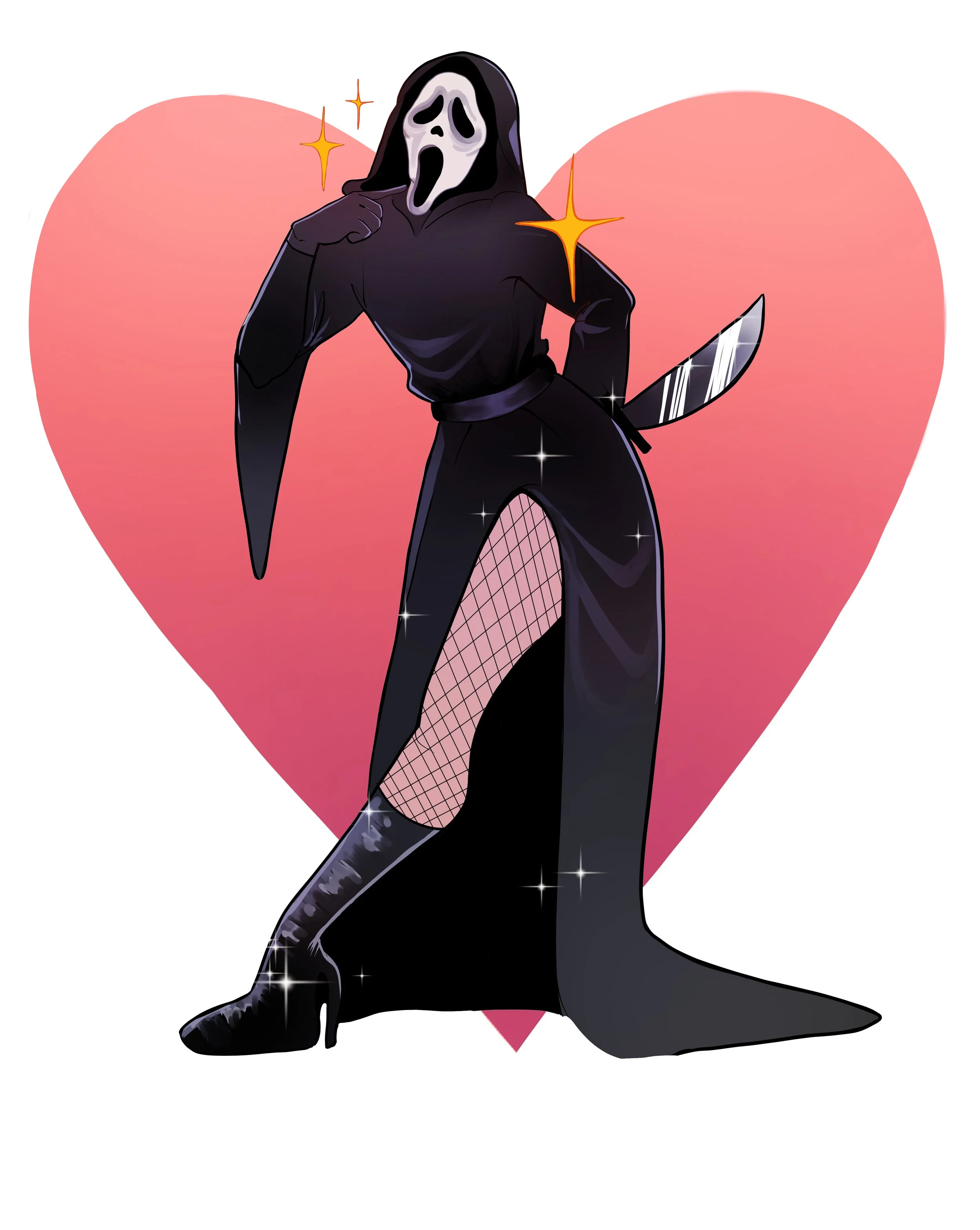 A cartoon woman in a black Wicked Witch of the West costume with fishnet stockings, knee-high boots, and a long skirt with a slit, standing in front of a large pink heart background.