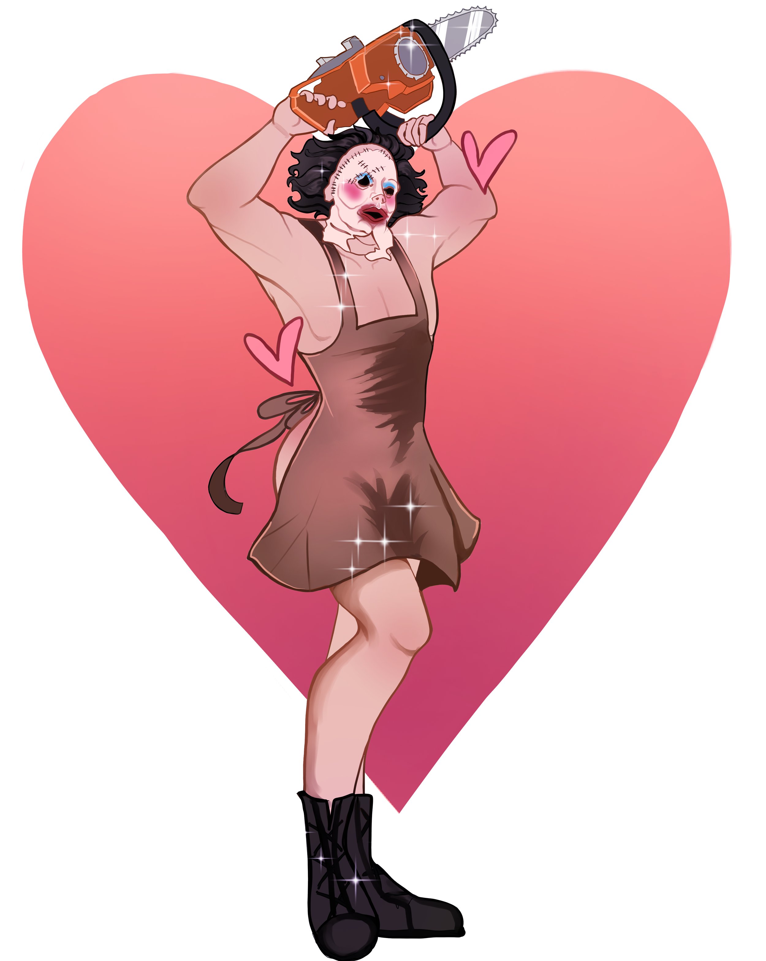 Cartoon woman with curly black hair, wearing a brown apron and boots, holding a chainsaw above her head, with a pink heart in the background.