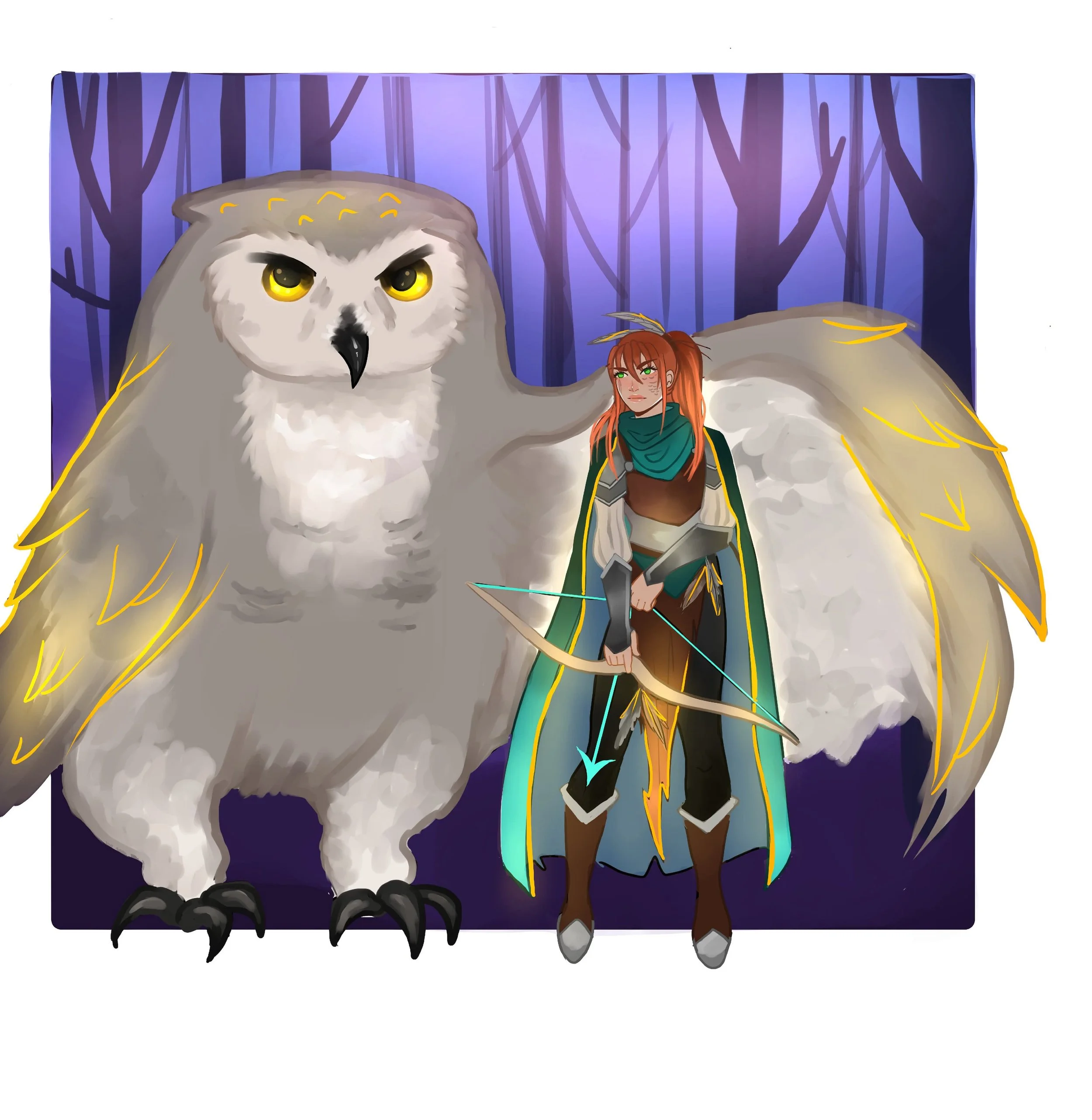 A fantasy-themed illustration featuring a woman with red hair, wearing a teal and brown outfit and holding a bow, standing next to a large, fierce-looking owl with golden eyes and white feathers, set against a dark forest background.