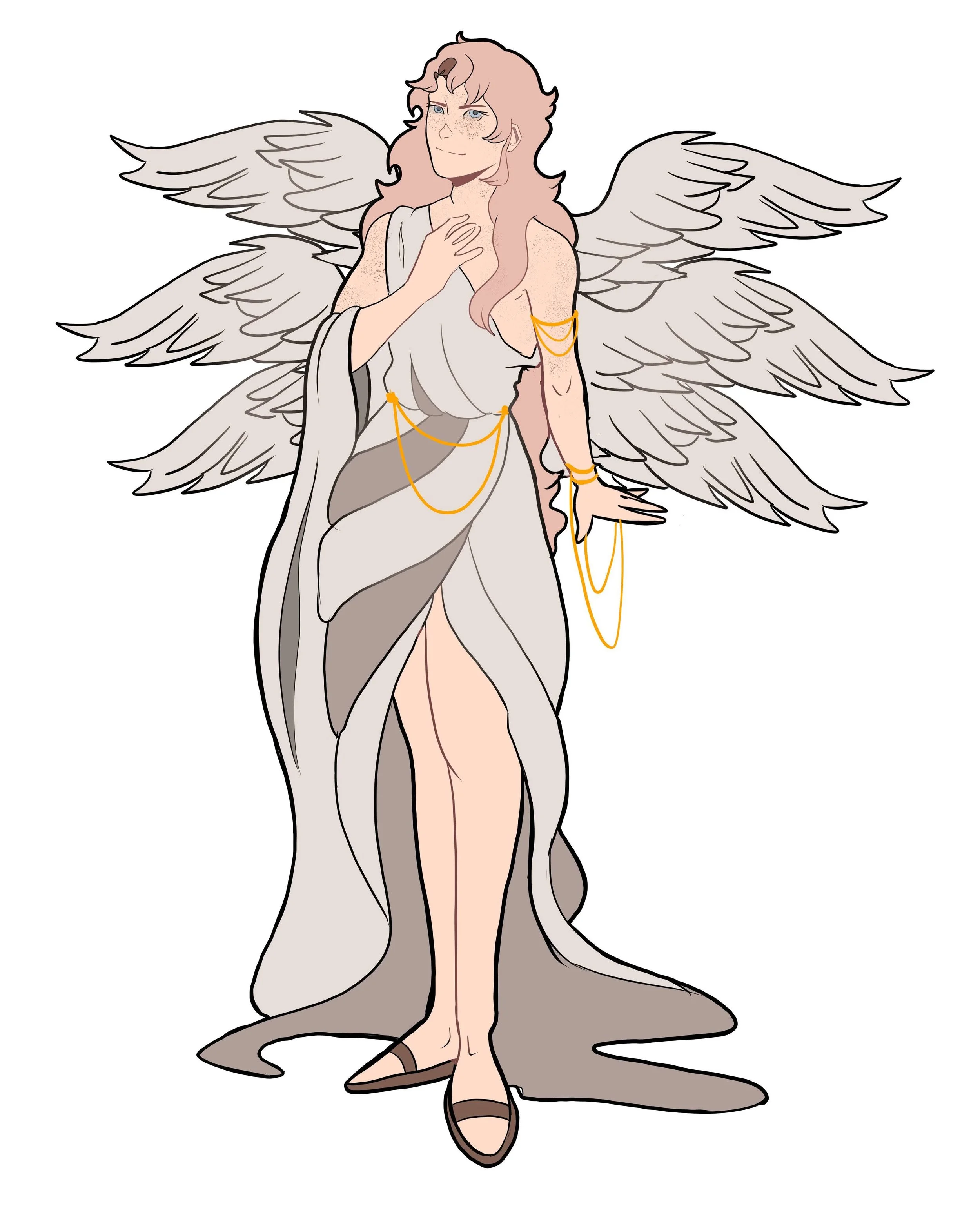 Digital illustration of a female angel with long, wavy pink hair, light blue eyes, and a confident expression. She is dressed in a flowing, shimmering gown with a high slit, and has multiple golden chains and bracelets. She has large, white feathered