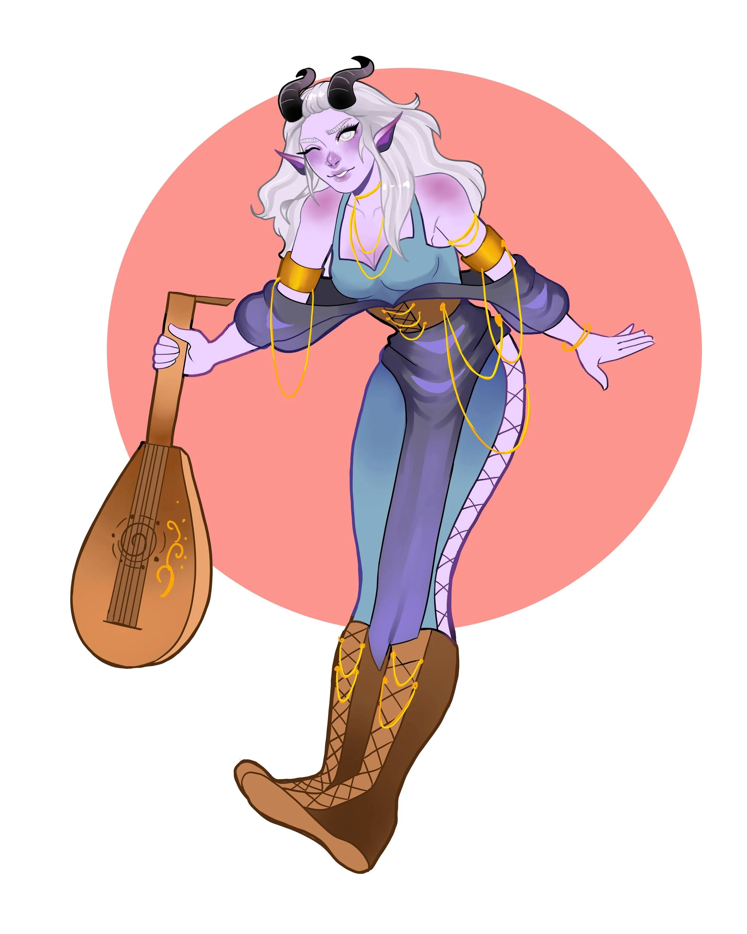 A fantasy-style illustration of an elf with purple skin, white hair, and black horns, holding a wooden lute, dressed in a blue top, green pants with a patterned side panel, and brown lace-up boots, standing against a pink background.