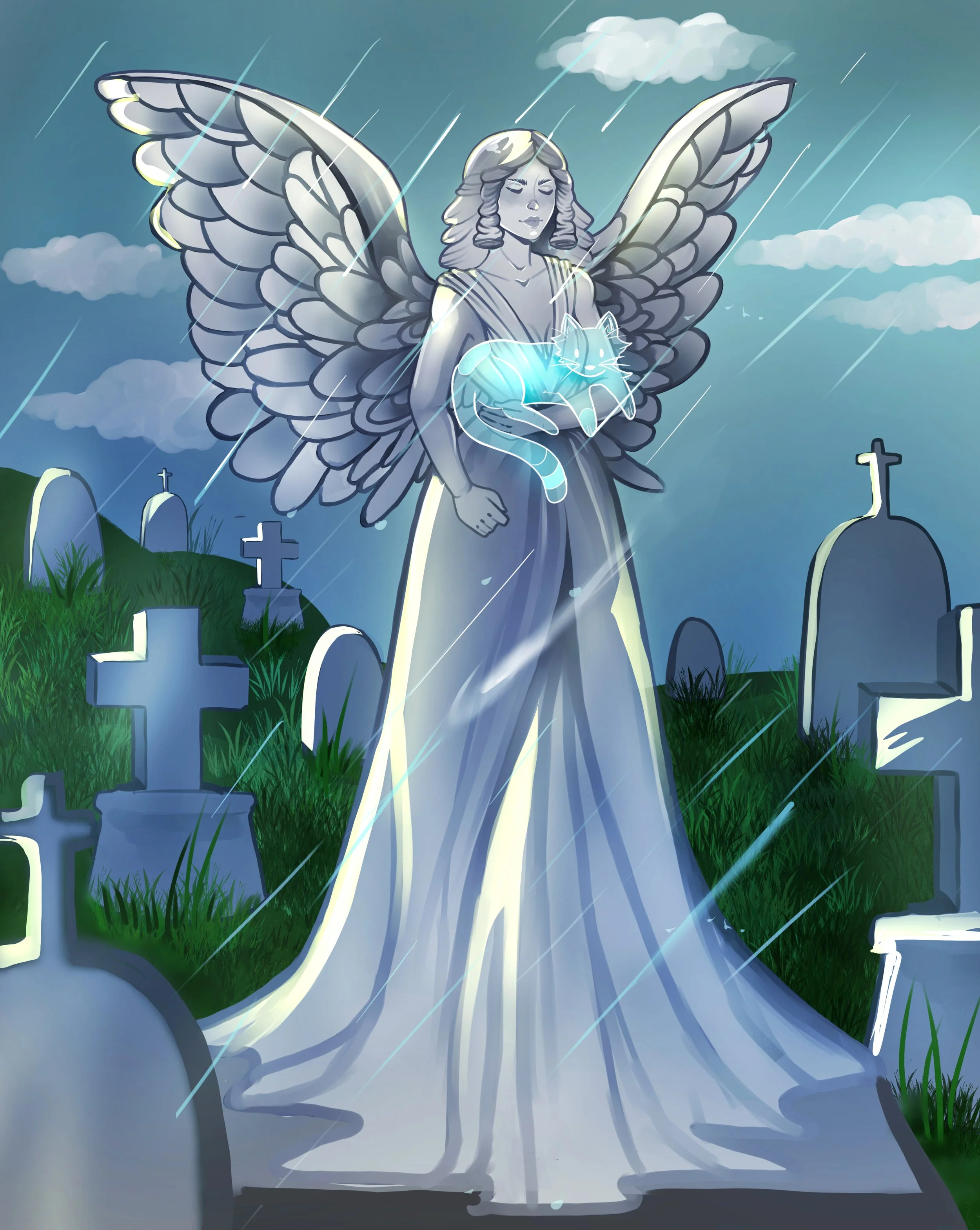 A grayscale angel with large wings and flowing gown, standing in a rainy graveyard with gravestones, holding a glowing blue cat with a matching glowing cat nearby, under a cloudy sky.