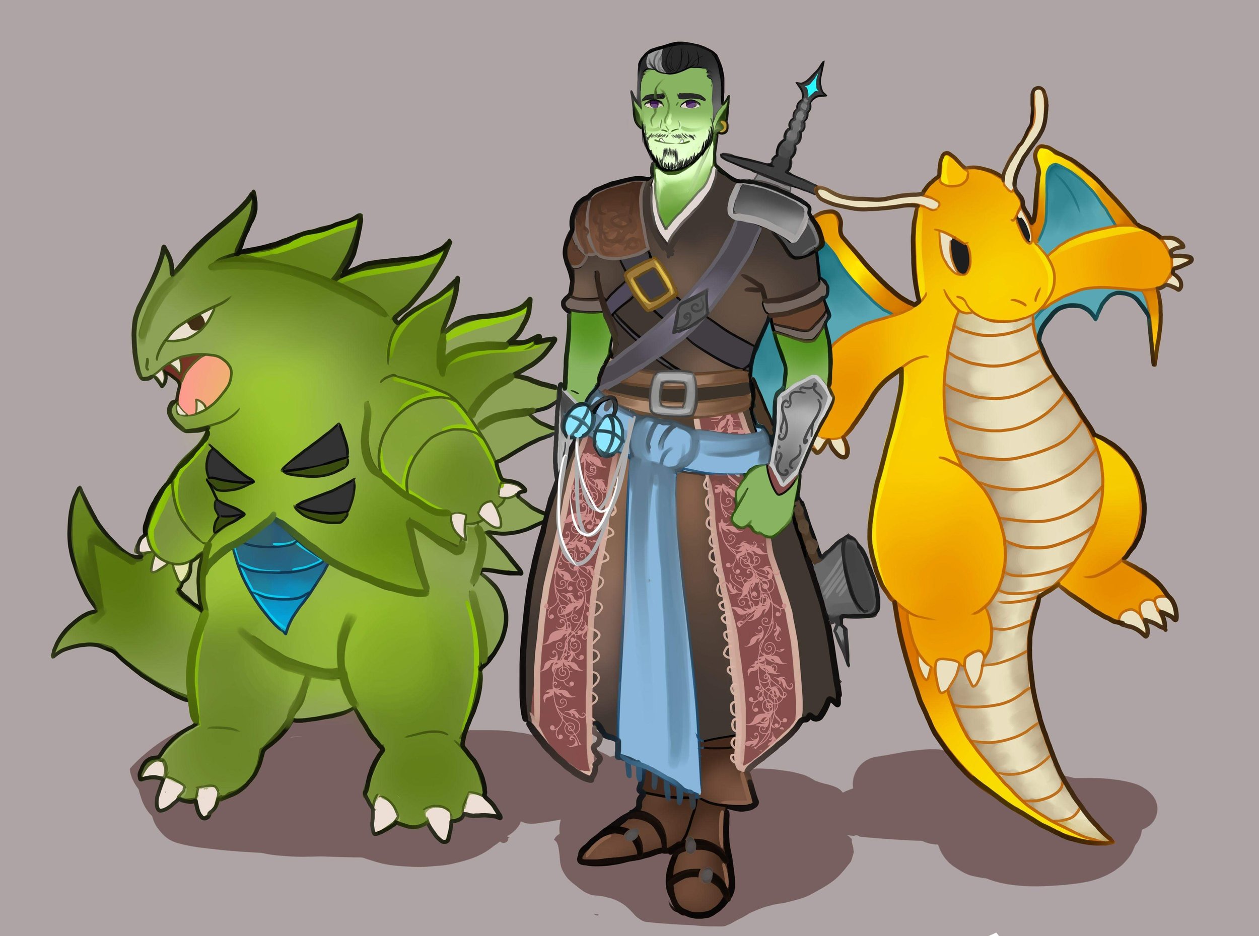 Illustration of a fantasy character with green skin, wearing a brown robe with chainmail accents, standing between a green dragon and a yellow dragon, both with cartoonish features.