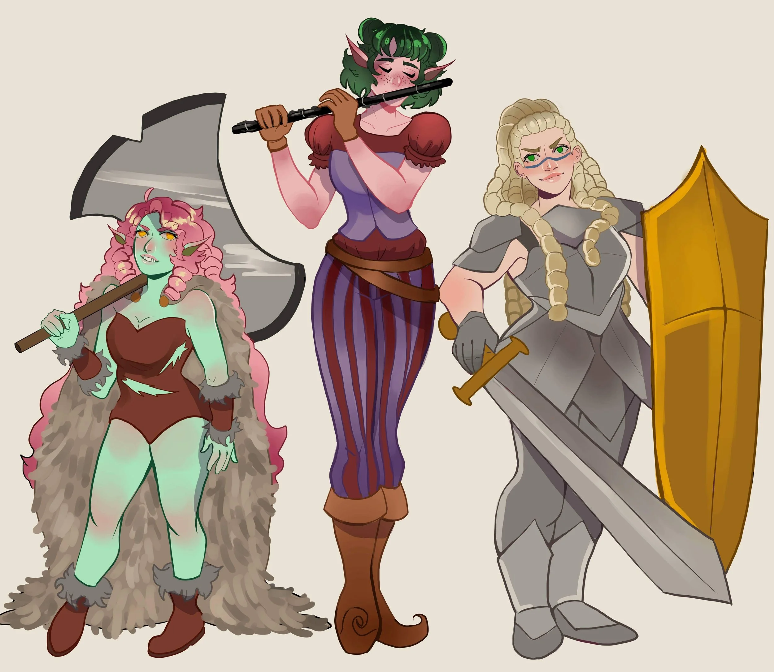Digital illustration of three female fantasy characters: a green-skinned elf with pink hair and a large axe, a pink-haired elf with elf ears and striped pants holding a staff, and a blonde human knight in armor with a sword and shield.