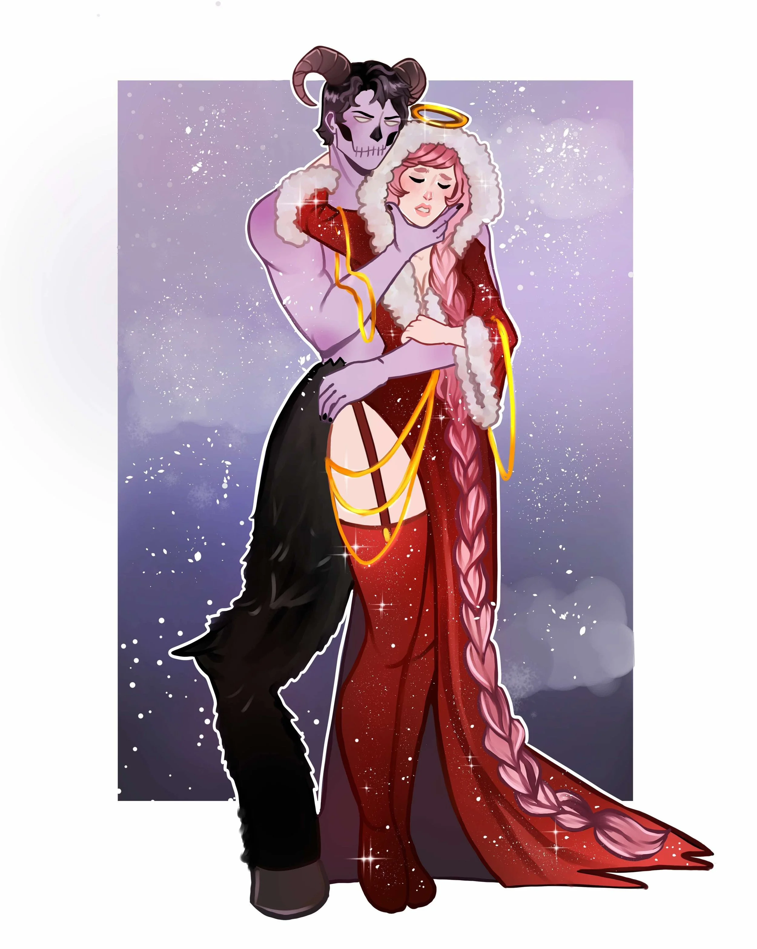Digital illustration of a fantasy scene featuring a male demon with horns and a skeletal face, and a female angel with a halo and long pink braided hair, embracing in a wintry, sparkly background.