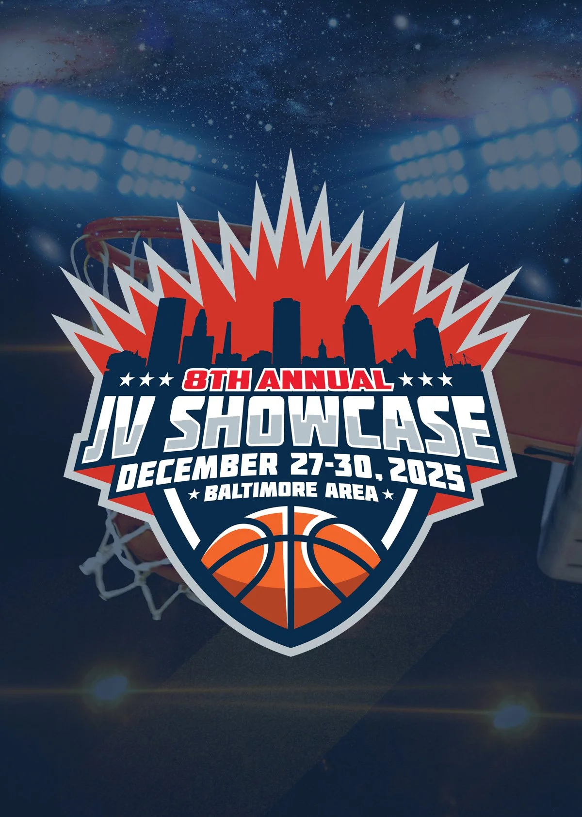 Event logo for the 8th Annual JV Showcase, scheduled from December 27 to 30, 2025, in the Baltimore area, featuring a basketball and a city skyline.