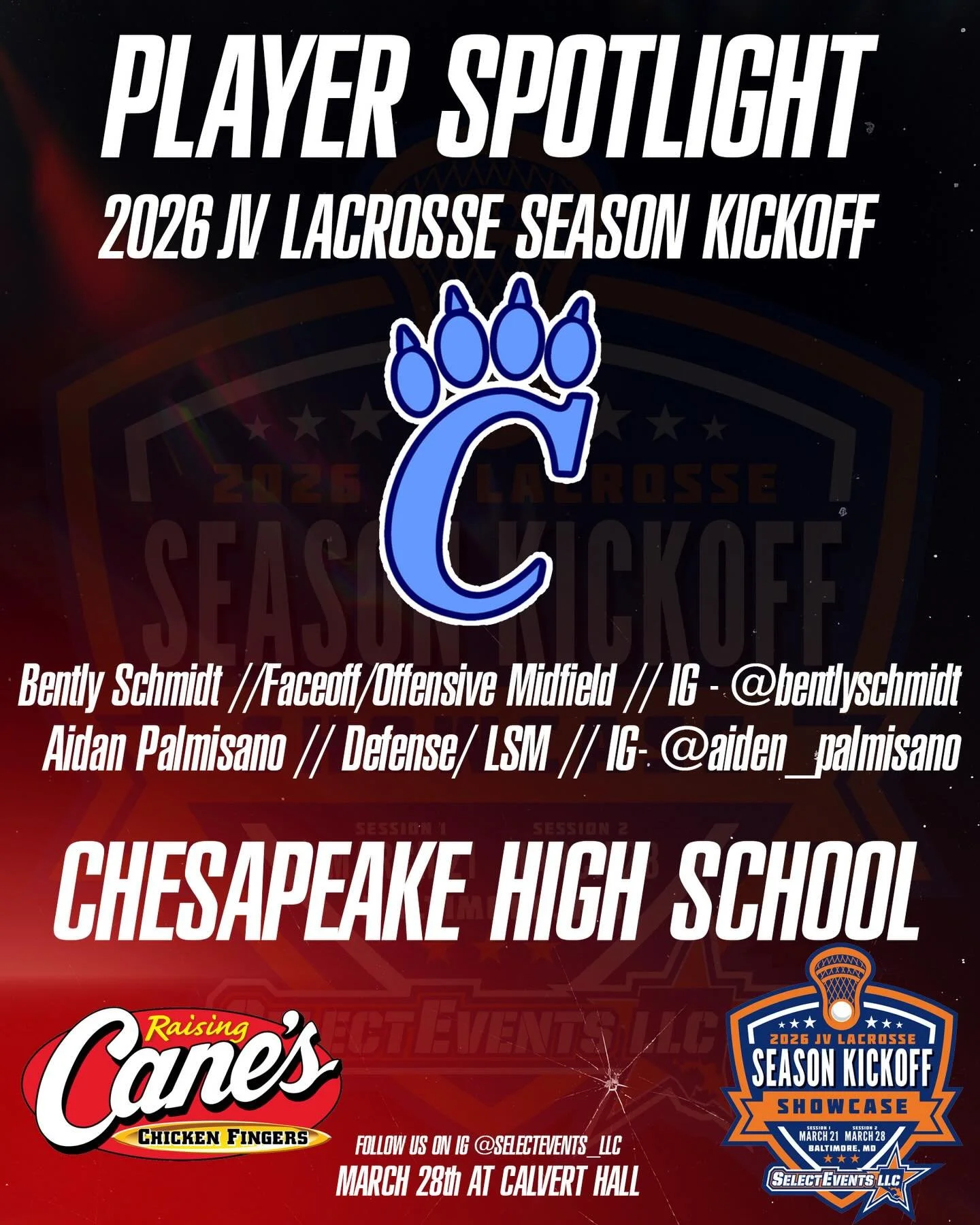 Come out next Saturday March 28th and see some of the up and coming lacrosse stars.
Here are two players from Chesapeake lacrosse to watch for. For more information on showcase visit www.selecteventsllc.com. #bentlyschmidt #dtlrsports #raisingcanes #