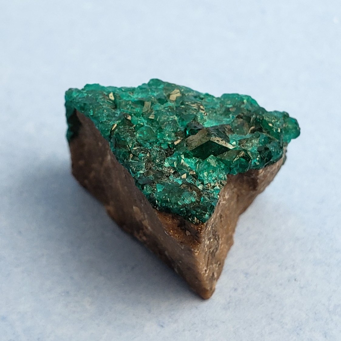 Dioptase. A mineral specimen with a rough brown base and bright green crystalline surface, likely copper mineral.
