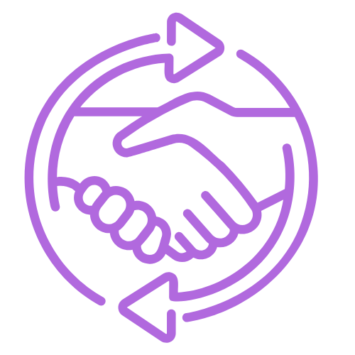 Purple icon of two hands shaking enclosed by circular arrows, symbolizing cooperation or partnership.