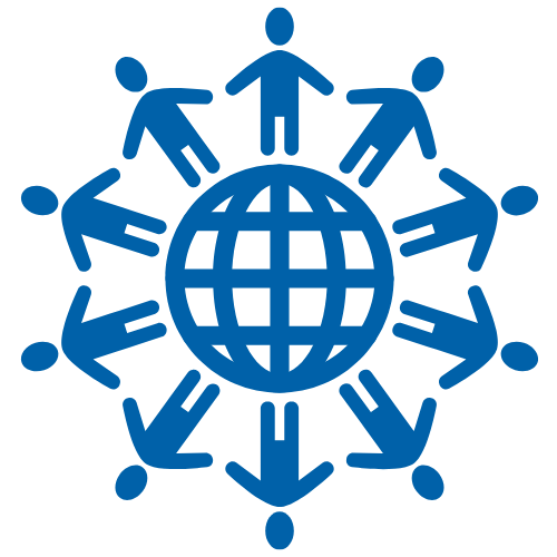 Blue icon of people holding hands around a globe, symbolizing global connection and teamwork.