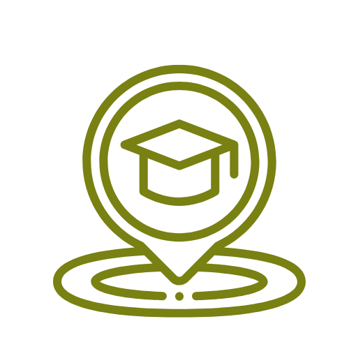 Icon of a graduation cap inside a location pin marker on a black background.