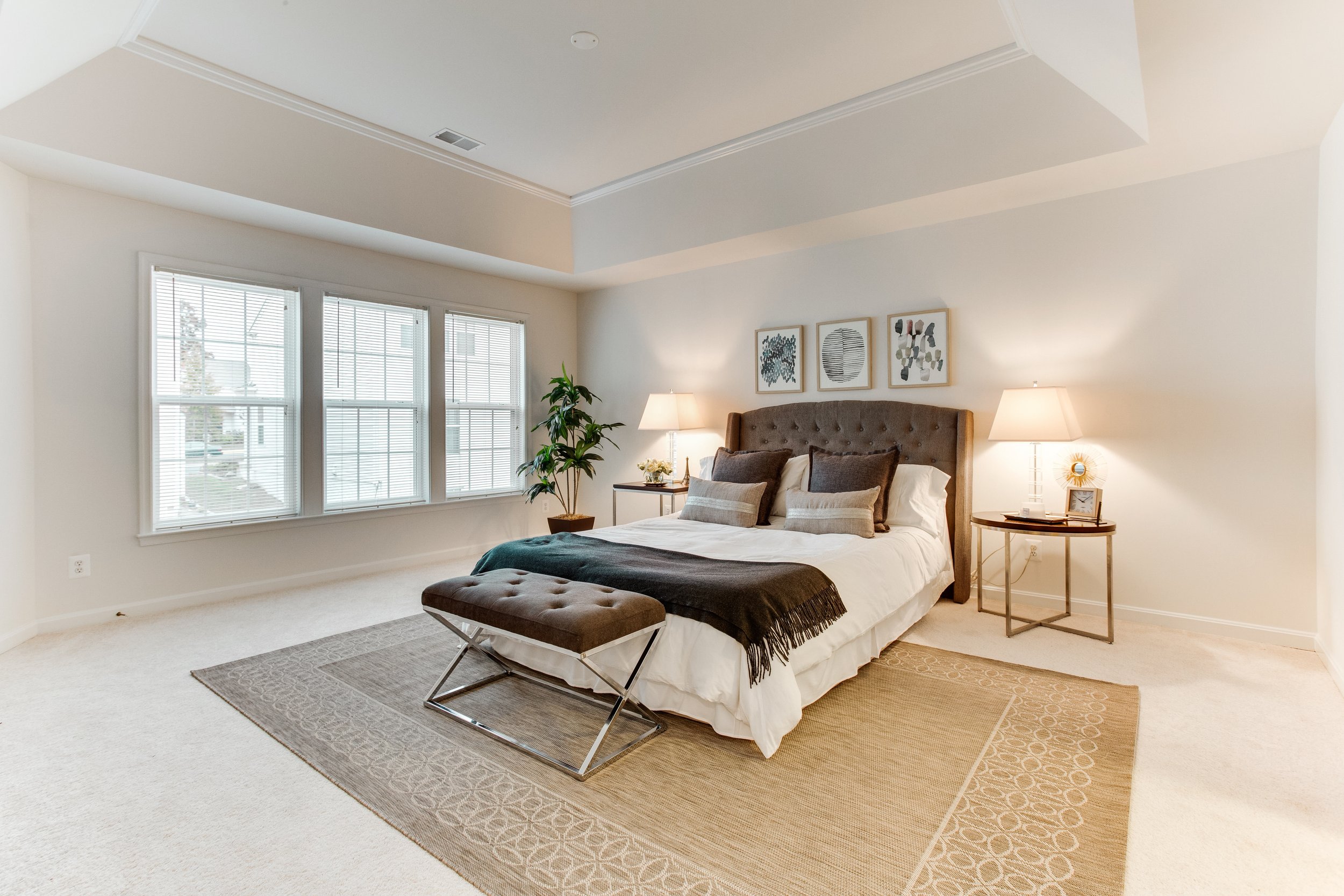 ANN GRIGSBY CIR, CENTREVILLE, VA:
This spacious and inviting bedroom features a large bed with an elegant headboard, complemented by two stylish lamps on either side. Beautiful artwork adorns the walls, adding a touch of personality, while lush plan