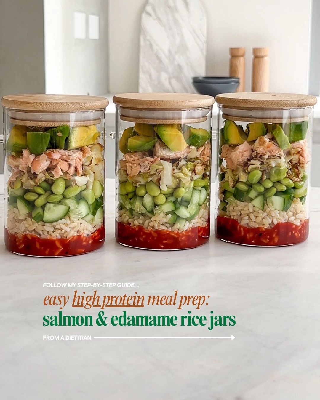 Easy, high-protein meal prep 🐟💚
My Salmon &amp; Edamame Rice Jars are packed with protein &amp; fibre &amp; has a spicy sauce that keeps every bite exciting.
Make once &amp; you&rsquo;ve got 3 days of nourishing lunches ready to grab 🙌
💚 Swipe th